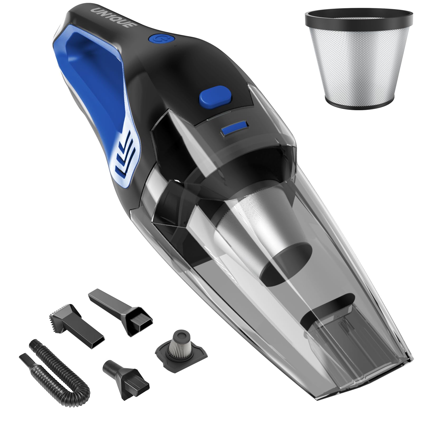 Cordless Car Vacuum Cleaner 2 in 1 - Home and Car, 8000Pa Suction Portable Handheld Vacuum Cleaner for Car Use with Steel Mesh Filter, 650ML Dustbin, 4 Nozzles, USB Rechargeable (Blue)