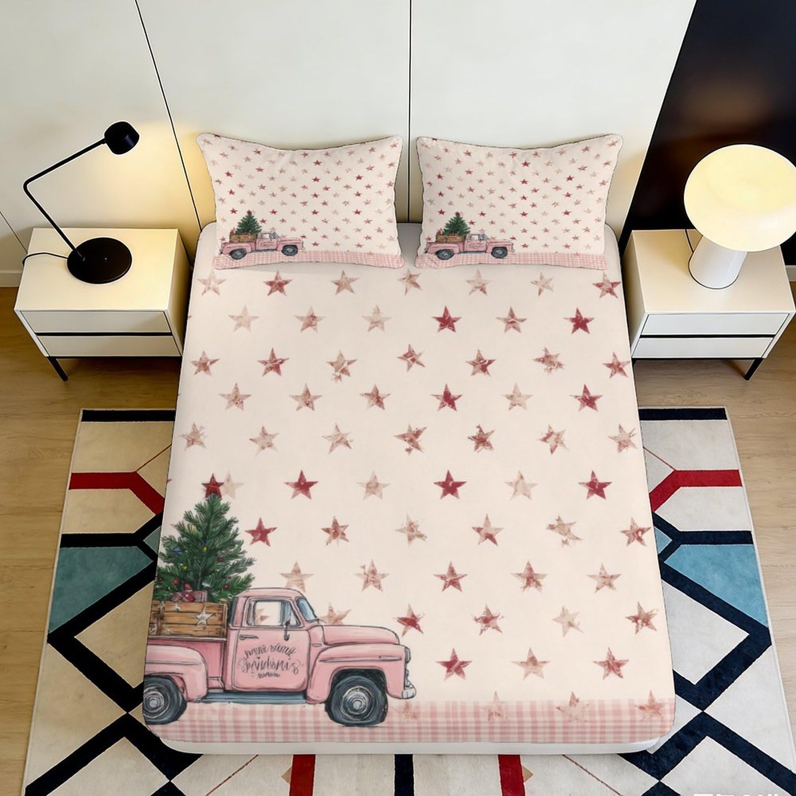 3D Printed Christmas Truck Fitted Sheet Microfiber Soft Red Pine Tree Bed Cover for Bedroom Dorm Mattress Decor 90x200x25cm
