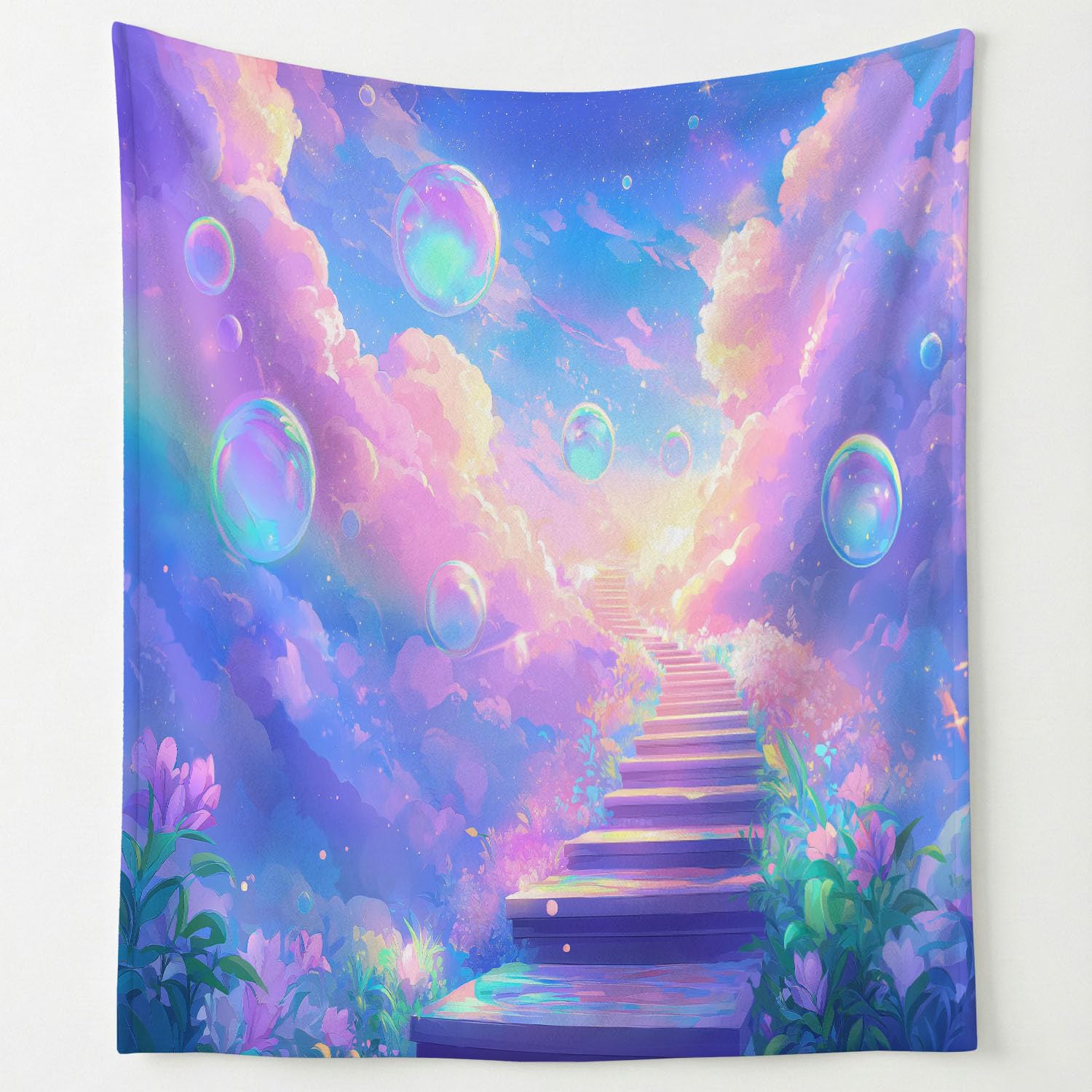 Marzycielskie odcienie flanelowy koc polarowy, nadruk zimowy ciepły miękki puszysty koc z mikrofibry, fantazyjne schody chmury marzycielski koc do sypialni salon sofa 150 x 200 cm