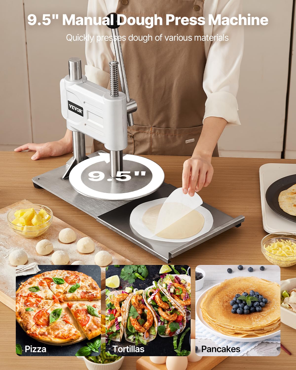 VEVOR Manual Pizza Dough Press Machine, 9.5 inch Pizza Pastry Press Plate, Stainless Steel Bread Presser, Commercial Chapati Sheet Crust Maker, Forming Machine with Handle and 100 Pcs Parchment Paper
