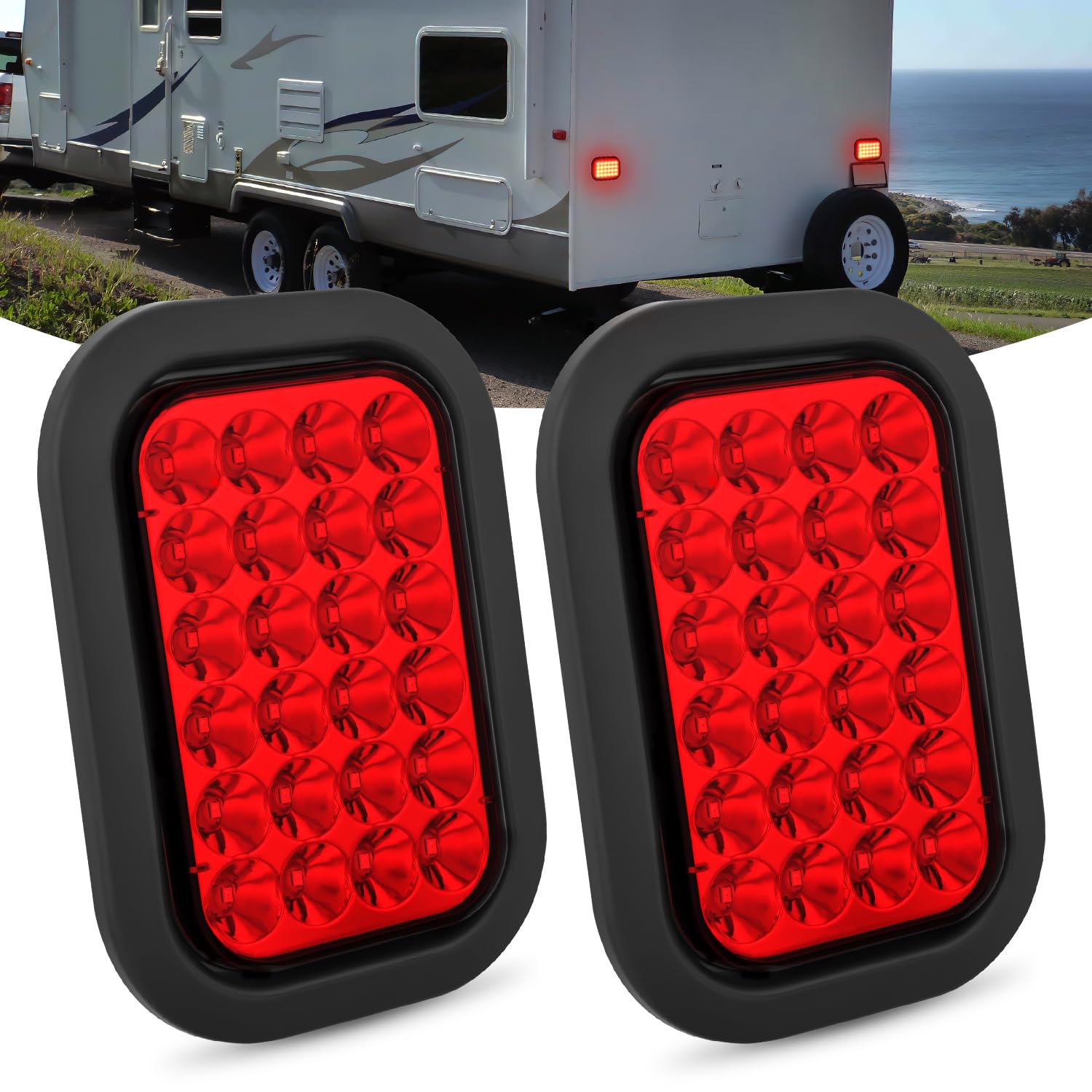 Nilight 5" X 3" Rectangular Trailer Tail Light 2 PCS Red 24 LED
