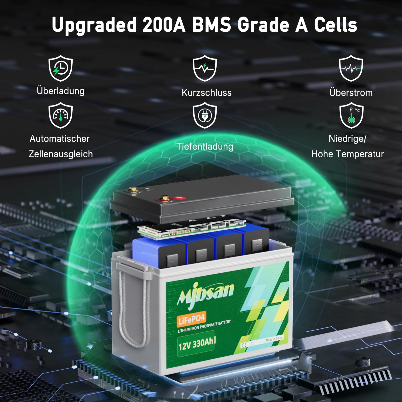 Mjbsan LiFePO4 12 V 330 AH batteria al litio Bluetooth con 200 A BMS, 8000 + cicli, batteria al litio 4224 W, protezione da spegnimento a bassa temperatura, perfetta per camper, applicazioni solari e