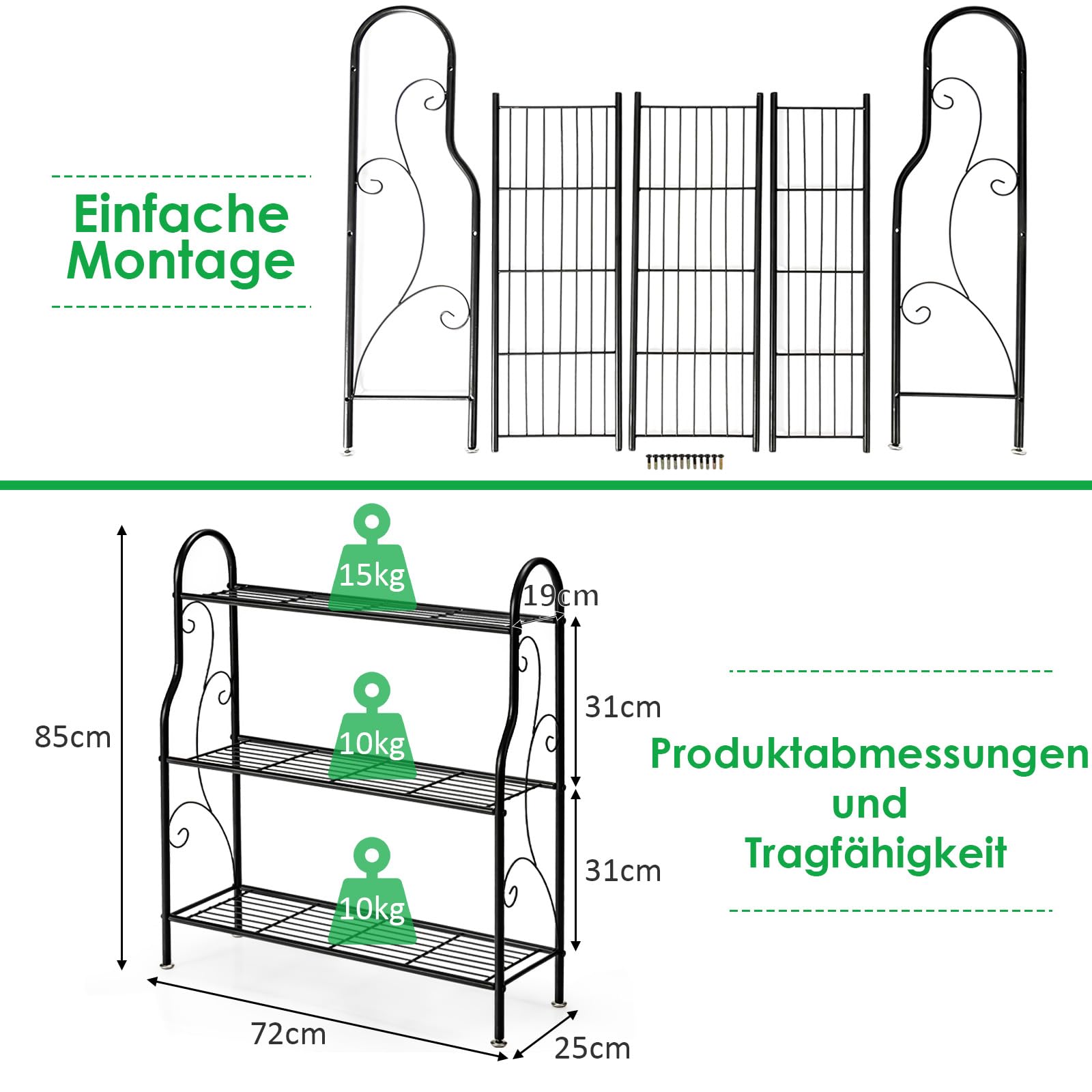 COSTWAY 3-stufige Metall Blumentreppe, Pflanzenständer Pflanzenregal Pflanzentreppe, Blumenregal belastbar bis 35 kg, Blumenbank für Garten Balkon Indoor Outdoor, Schwarz, 72 x 25 x 85 cm