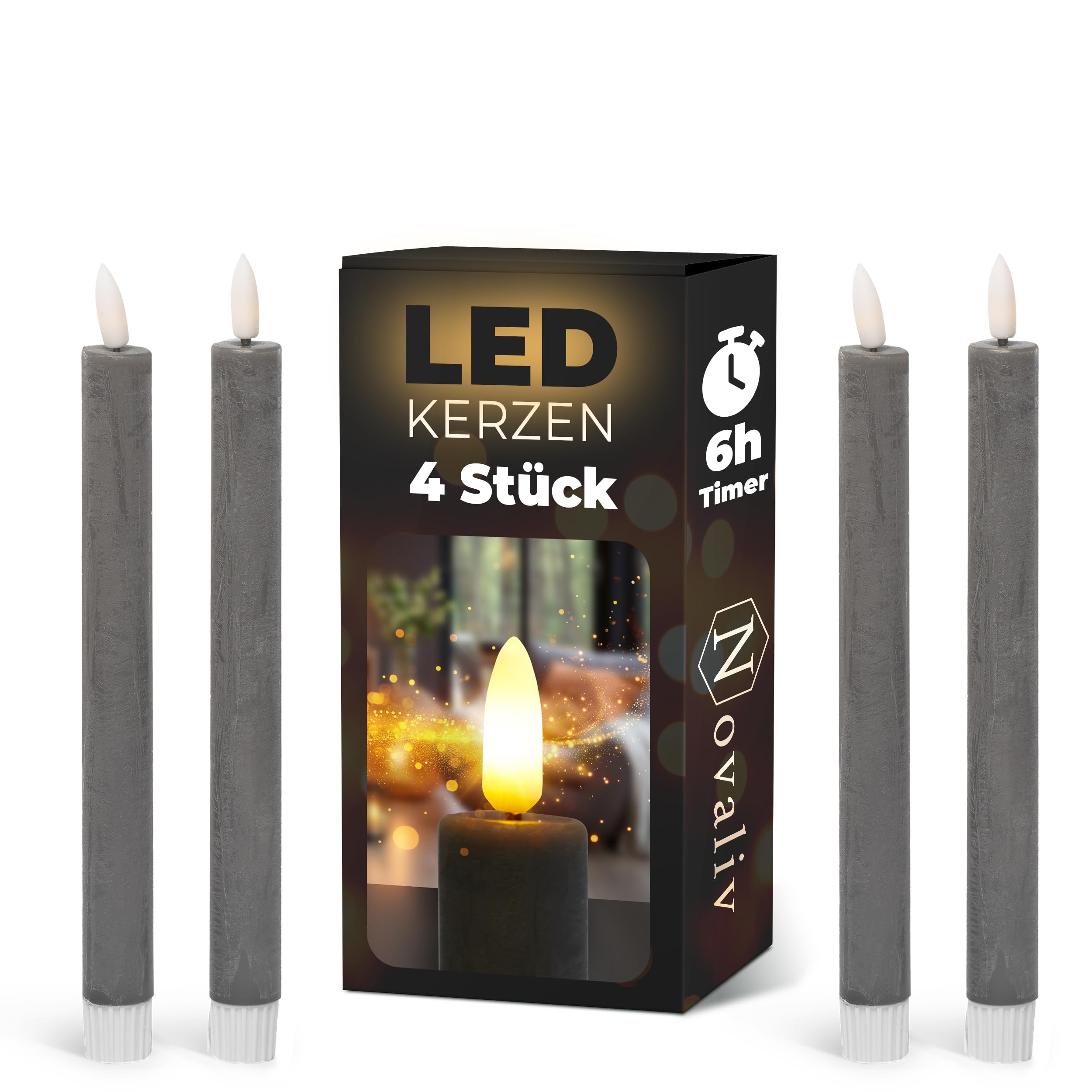 Led-staafkaarsen, met timer, grijs, 2 stuks, voor binnen, met timerfunctie, 6 uur echte was, 15 cm hoog, voor kaarsen, diameter 2,2 cm, 2 AAA-batterijen nodig, led-staafkaarsen, flikkerende vlam