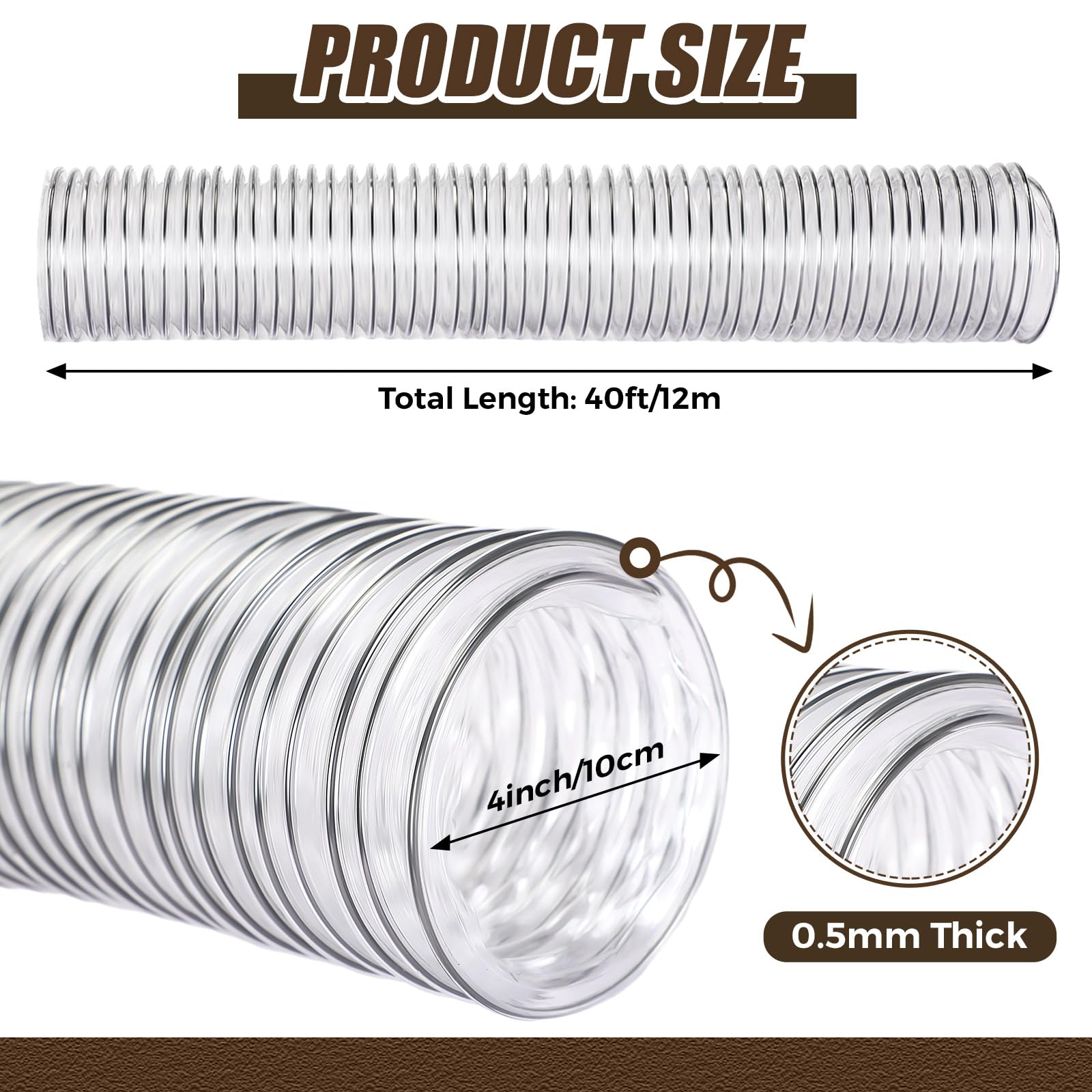 Therwen Manguera de recolección de polvo de PVC transparente, manguera de recogida de residuos de polvo y humos, mangueras de vacío transparentes flexibles (4 pulgadas x 40 pies)
