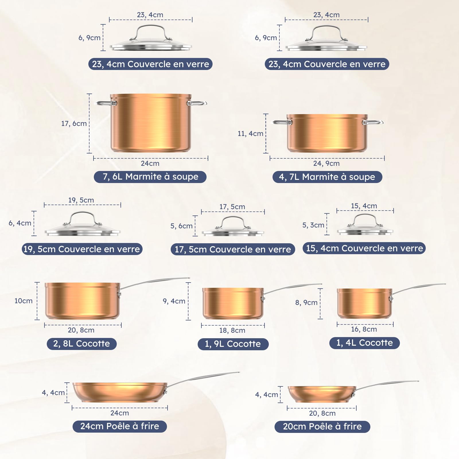 Nuwave Batterie de Cuisine 12 Pièces, Céramique Duralon, Cuivre, Sans PFAS | Revêtement céramique Generation 10; dureté 9H anti-rayures & taches; four jusqu'à 260 °C; tous feux compatibles