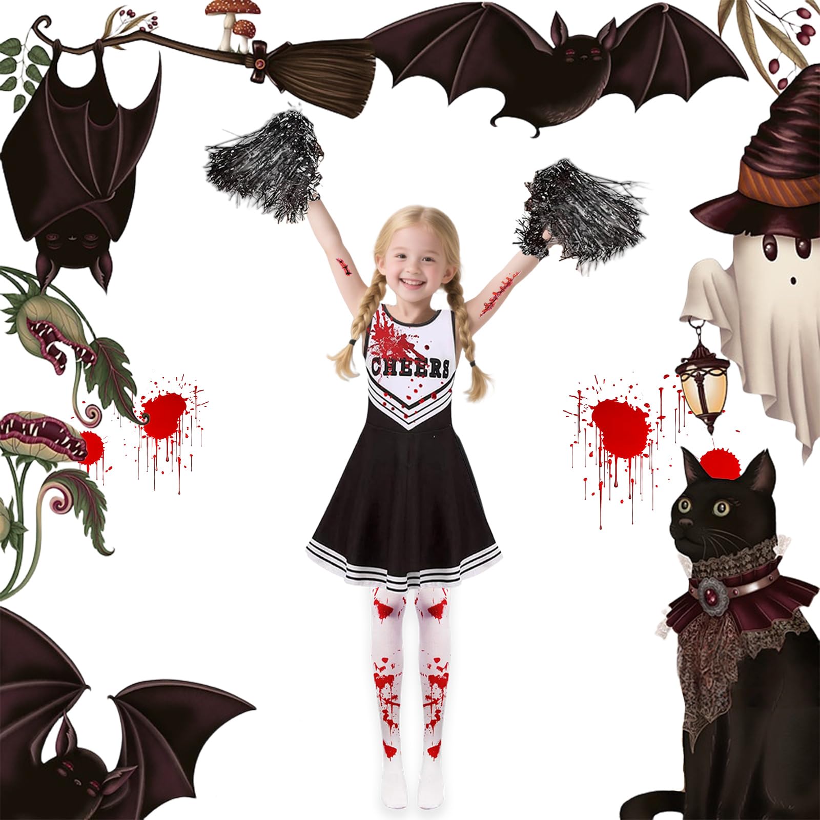 Pddenality 9 PCS 130 Yards Zombie Cheerleader Costume Kids Set, Cheerleader Outfit Kids, Girls Halloween Costume - Image 4