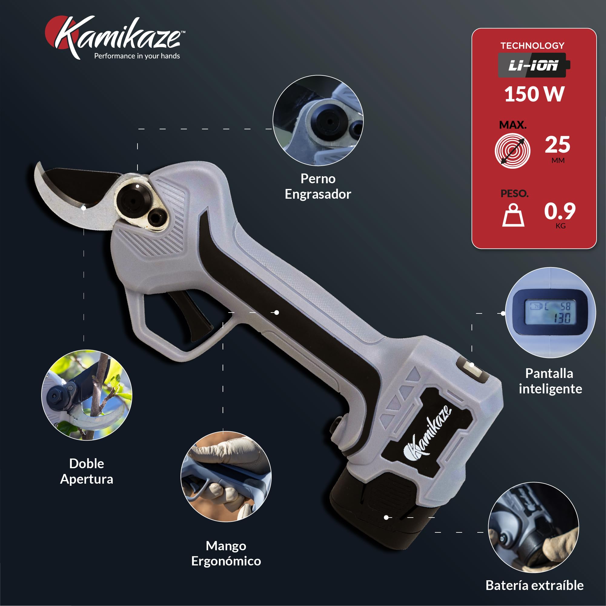 KAMIKAZE KV295 Tijera de Poda Eléctrica Profesional para Viña y Árboles Frutales, Corte 25 mm, 14,4V, 2,5Ah, Autonomía 6 Horas