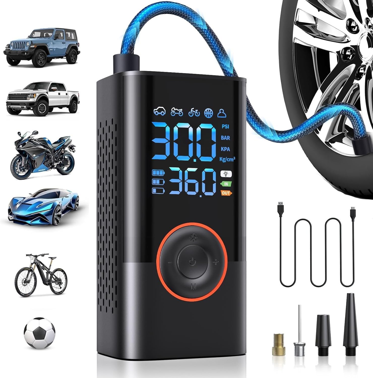 Compresor Aire Portatil, 150 PSI Inflador Ruedas Coche Electrico con 4 Tipos de Boquilla, Mangueras de 20 cm y Luz LED, Compresor Aire para Coches, Motos, Bicicletas y Balones