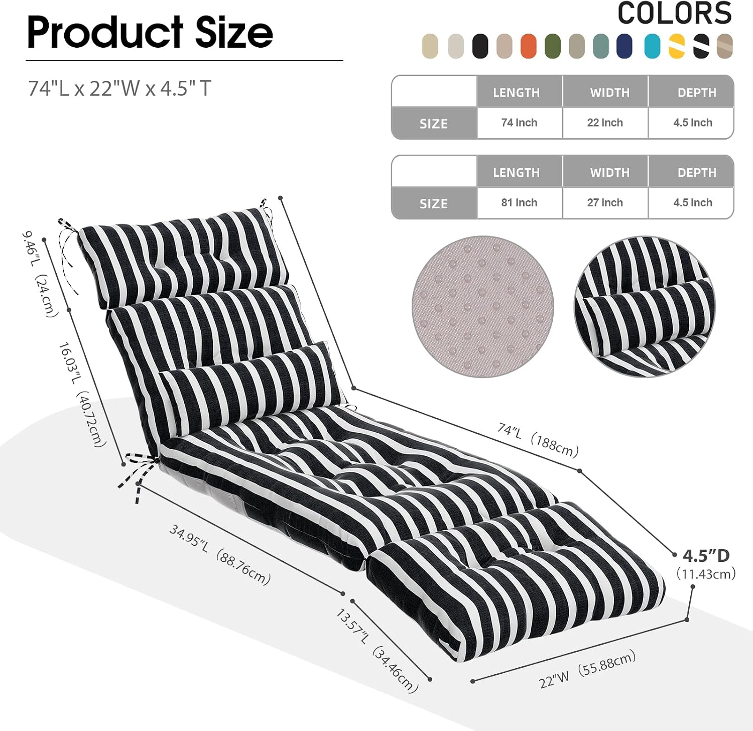 outdoor lounge chair cushions set of 2 with pillow, olefin waterproof and fade resistant patio pool chaise lounge cushions replacement for indoor furniture with ties, 74 x 22 x 4.5 inches, pinto pinto 2 pack-74"x22"x4.5"