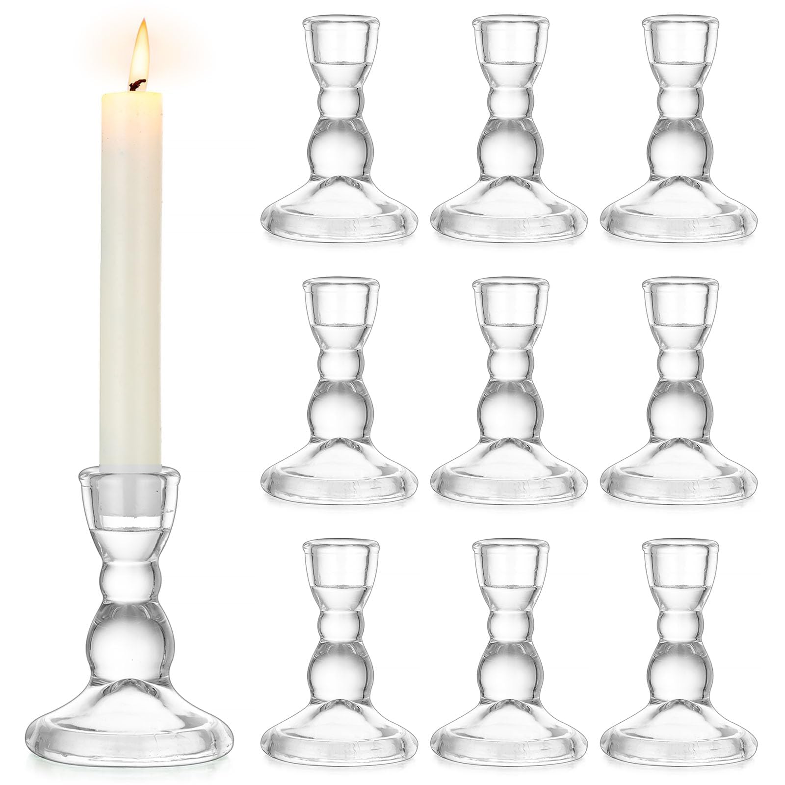 Inweder Glass Taper Candle Holders - Cute Candlestick Holders, 10Pcs Clear Candle Stick Candle Holder, Modern Tapered Candlestick Holders for Standard