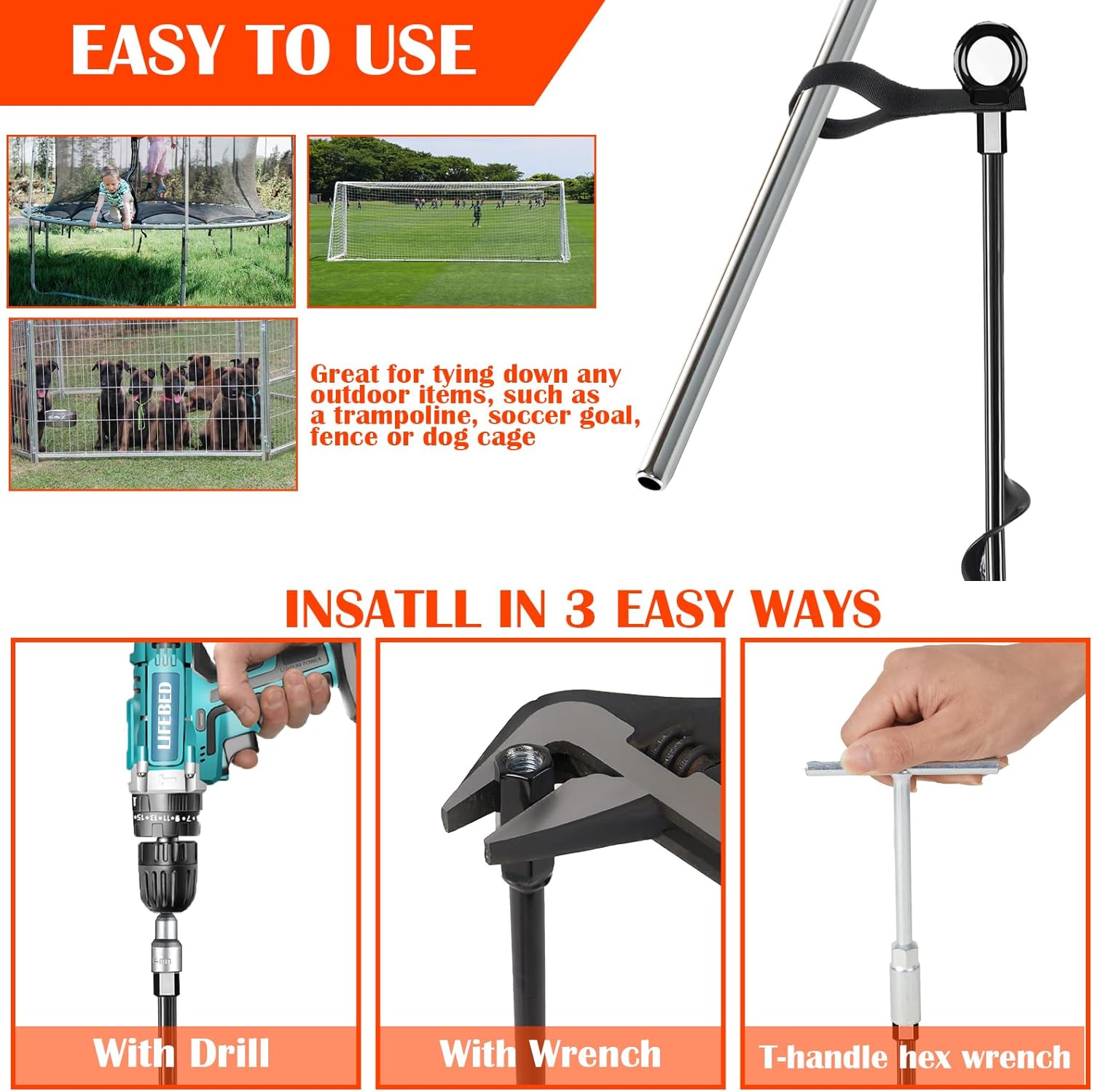 Trampoline Anchors High Wind Heavy Duty 17.7" Set of 4, Earth Ground Anchor Screw in, Trampoline Wind Stakes with Straps, Shed Anchor Kit for Mobile Home, Canopies, Carport, Gazebo, Swing Set