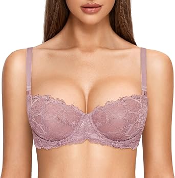 DOBREVA Women's Unlined Balconette Bra Sexy Lace Sheer Underwire Large Breasts Demi Cup