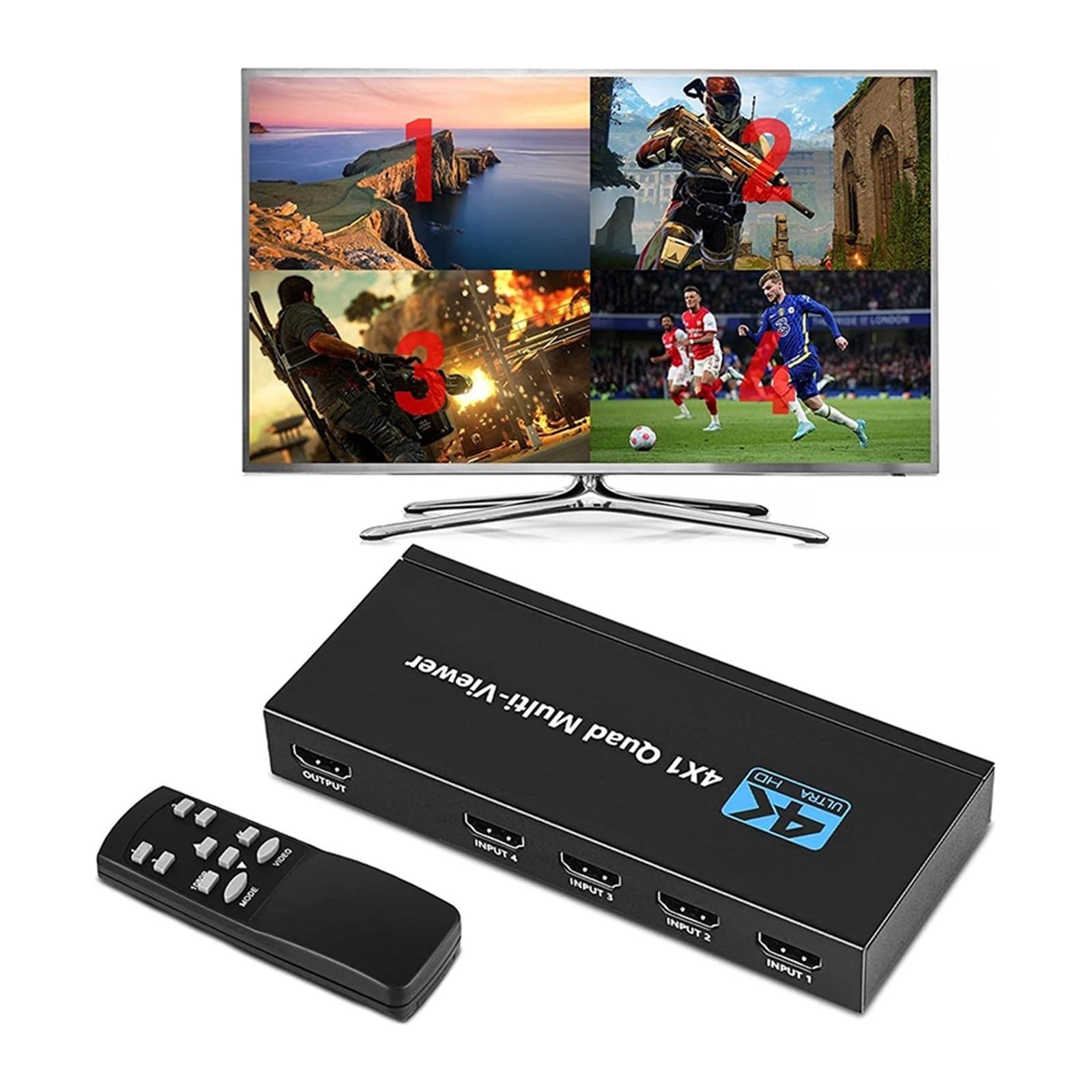 Przełącznik wideo, 4K Quad Multi-viewer Segmentacja ekranu 4x1 Wieloekranowy przełącznik bezproblemowy Multiplekser wideo Lewy Prawy Podwójny wyświetlacz dla biur domowych, centrów danych