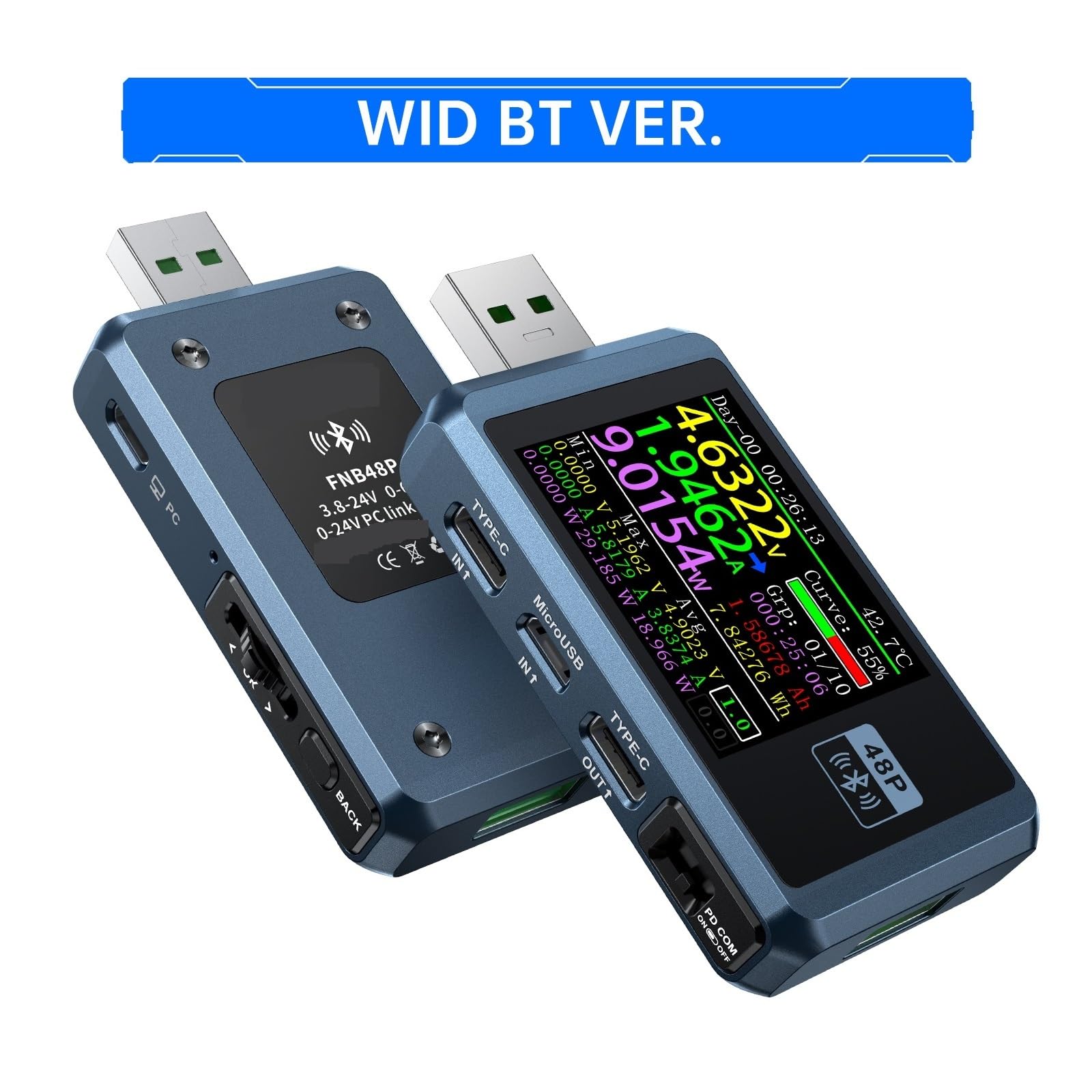 Tester USB FNB48P Tester napięcia prądu USB Wyzwalacz PD QC4.0 + PD3.0 2.0 TYPE-C Test pojemności szybkiego wykrywania ładowania 1,77 cala(With bluetooth)