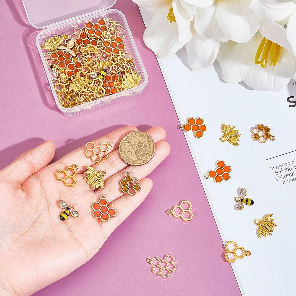 60Pcs Honeycomb Bee Charms 6 Style Enamel Alloy Cute Beehive Pendants Metal Mini Honey Comb Dangle Charms for Bracelets Keychain Necklace Dangle Earring DIY Craft Jewelry Making Supplies - Image 3