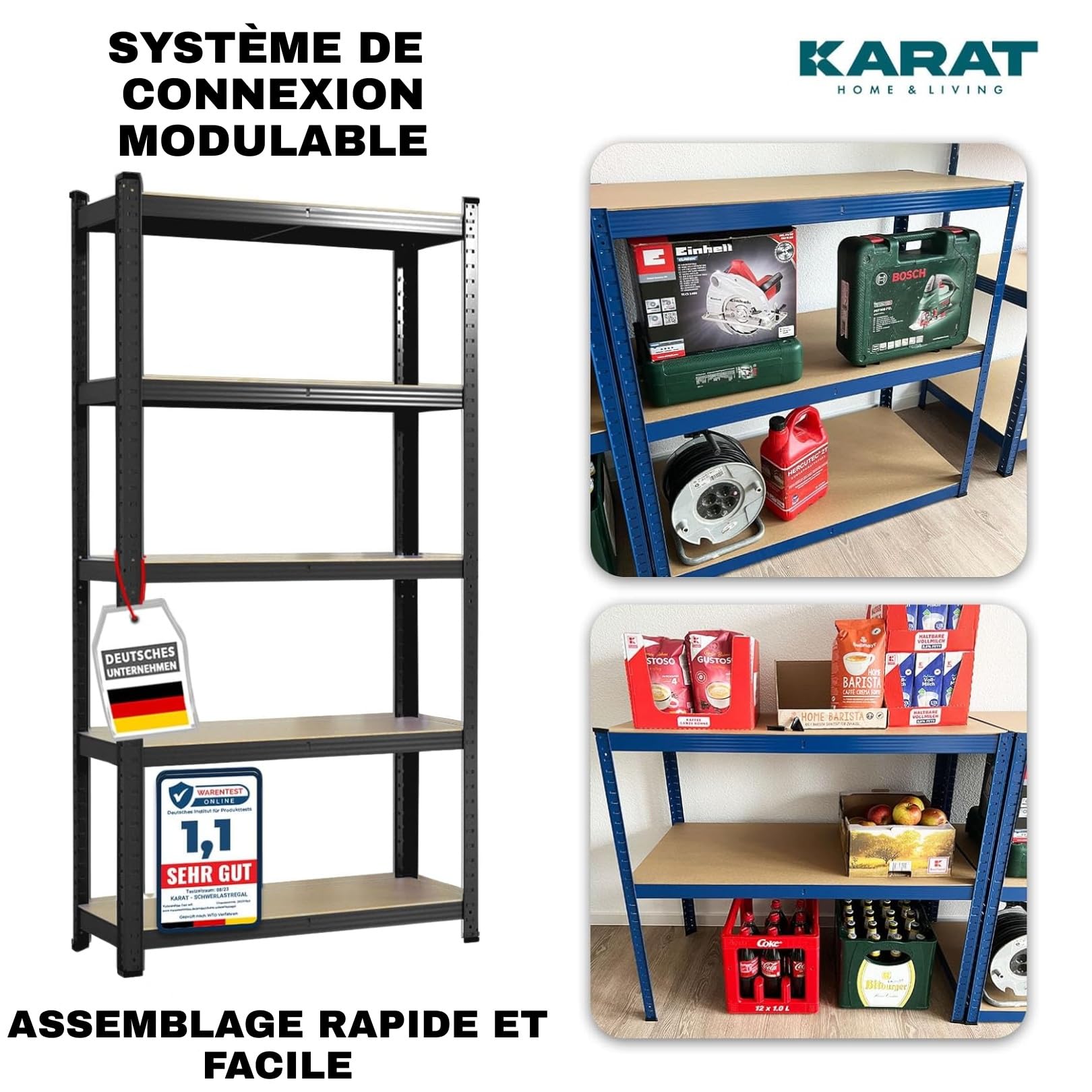KARAT – Lot de 2 étagères Robustes Lakota pour Charges Lourdes – Étagères enfichables avec 5 tablettes réglables – Rayonnages en métal Idéal pour Cave ou Garage – Noir, 180 x 90 x 40 cm