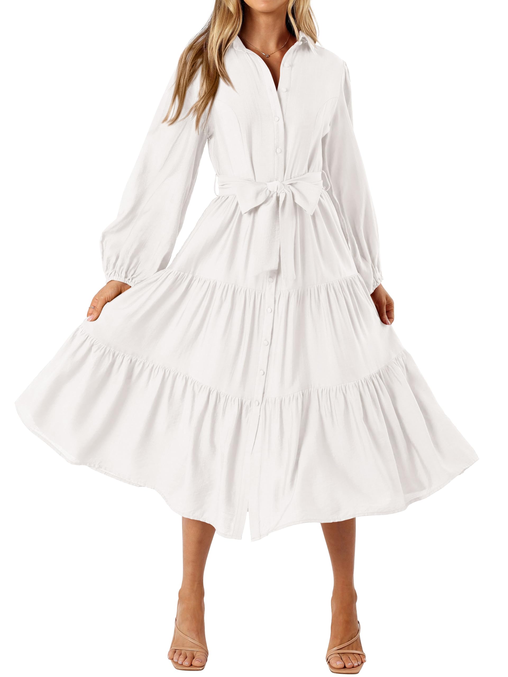 MASCOMODA Womens Dresses 2025 Fall Long Sleeve Midi Dress Casual V Neck Button Down Tiered Flowy Aline Tie Waist Shirt Dress