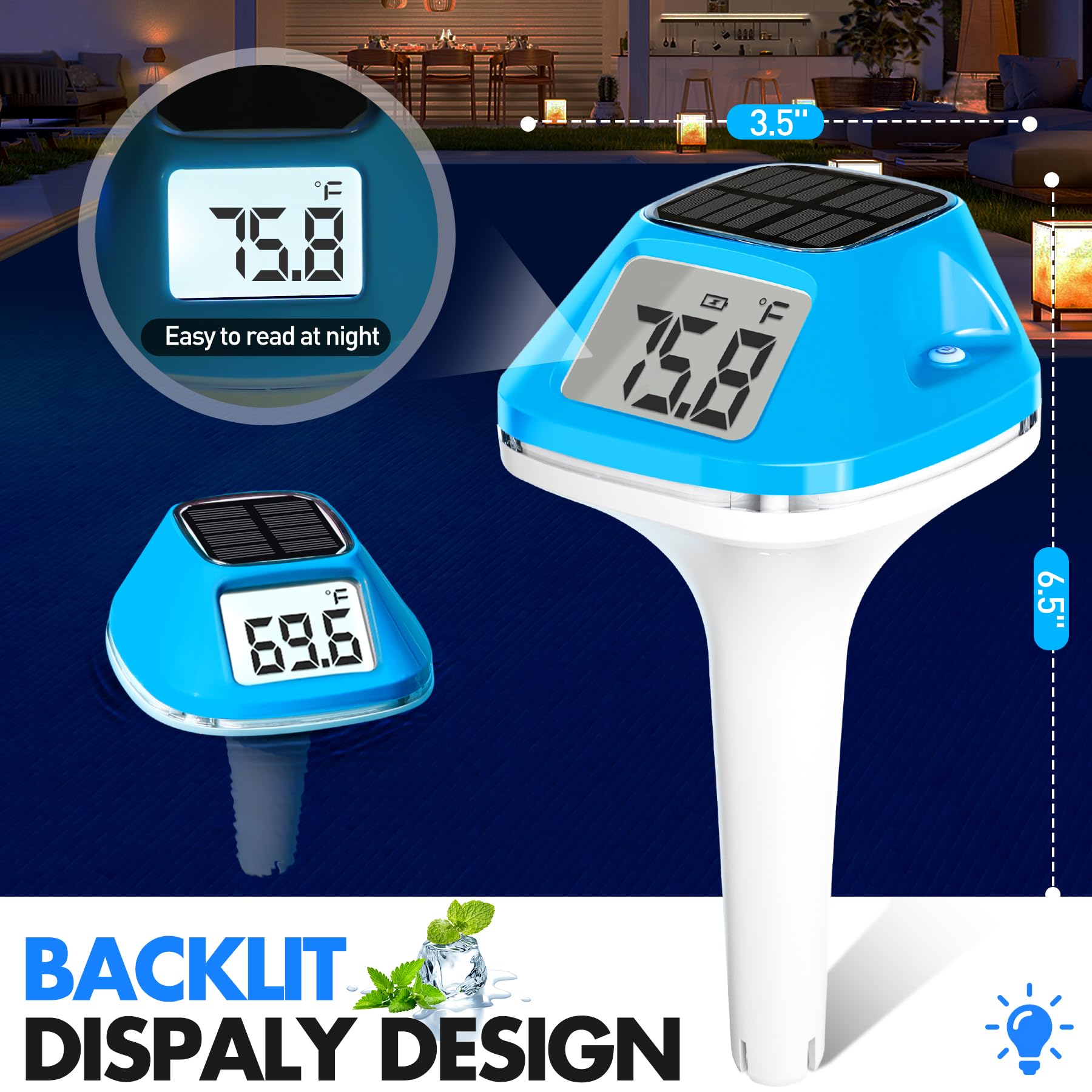DeeprBlu 2025 New Iteration Solar Digital Pool Thermometer with Rope, Easy Read Extra Large Backilt LCD Display Floating Pool Thermometer, IP68 Waterproof Pools Water Temperature Gauge for Hot tub,Spa