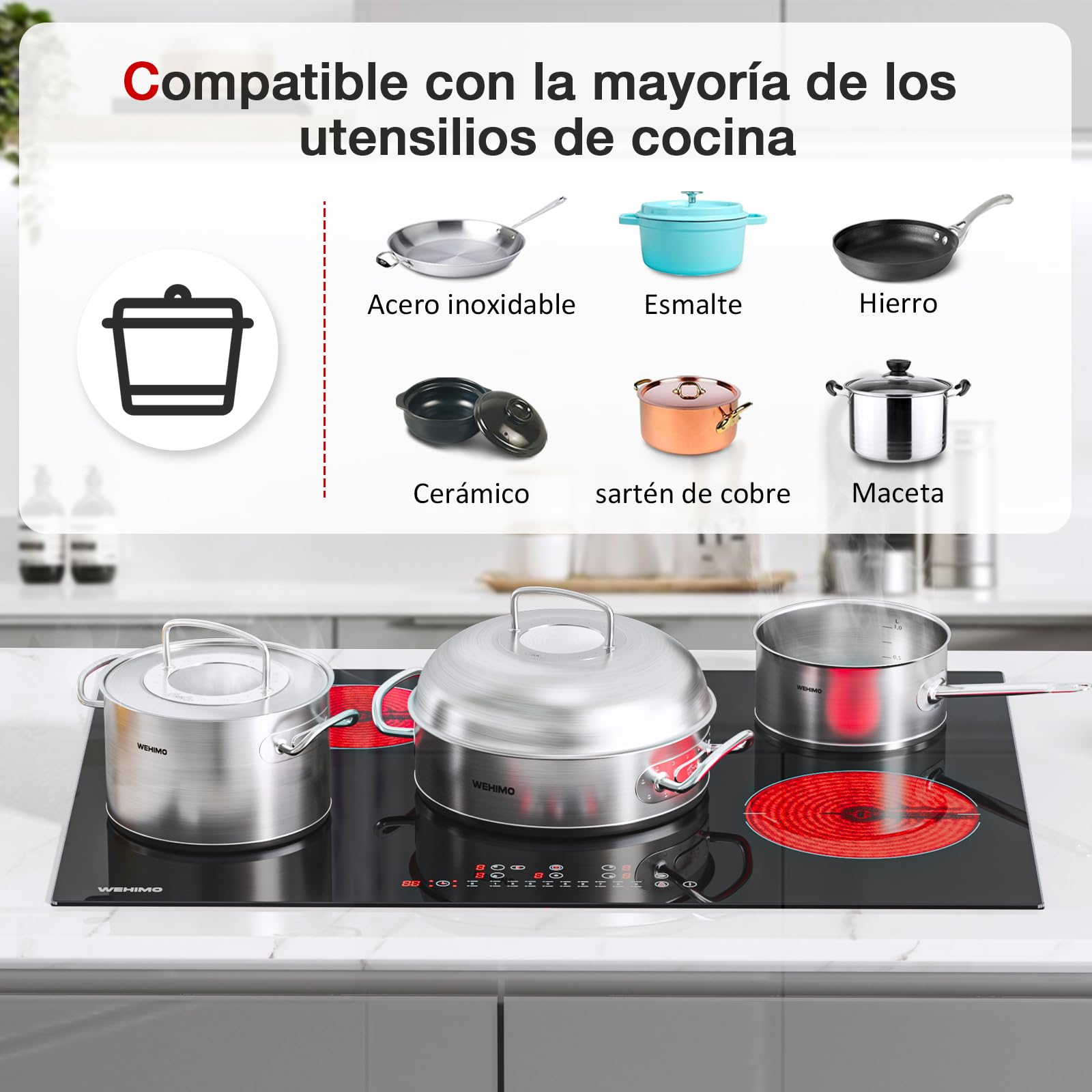 Wehimo -Placa Vitroceramica 5 Fuegos 9 niveles de Potencia,Control Táctil,Temporizador 99min, Dispositivo de Bloqueo de Seguridad,Indicador de Calor