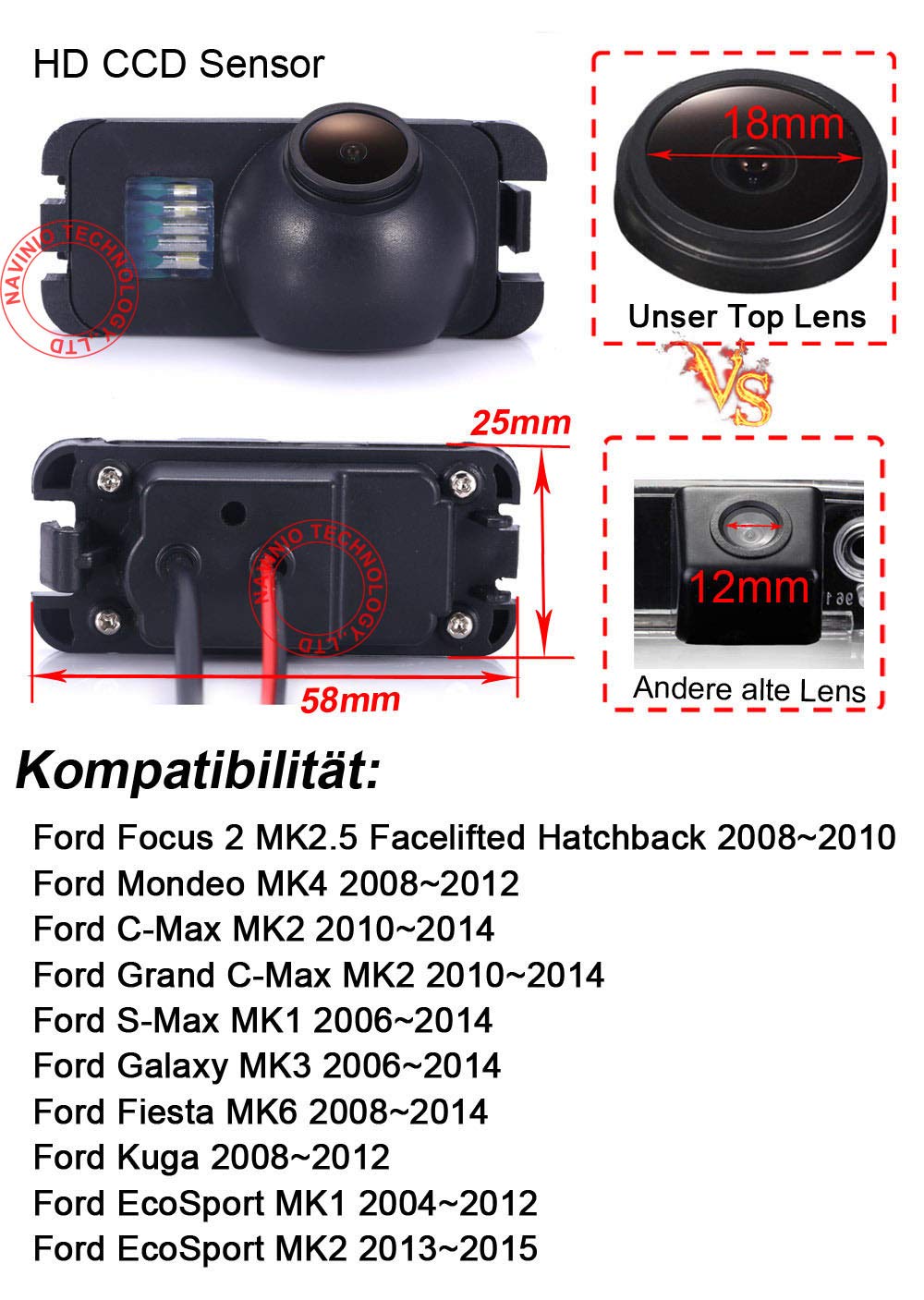 Telecamera di retromarcia con luce targa di parcheggio con telecamera impermeabile integrata in luce targa per Ford Mondeo/Fiesta/Focus Hatchback/S-Max/Kuga/C-MAX/Ecosport/Galaxy