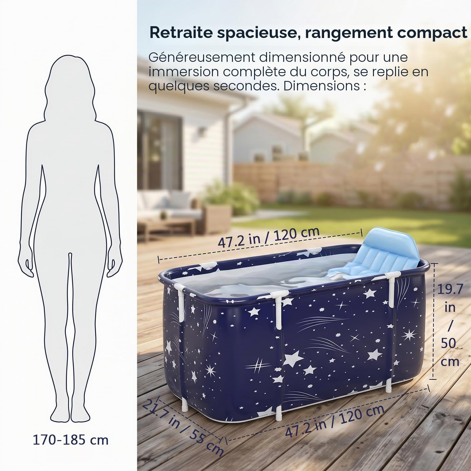 Baignoire Pliable Adulte, 120x55x50cm Portable Grande Baignoire de Trempage pour Bain Chaud, Bain Glacé, Spa, Seau de Bain Épais, pour Deux Personnes avec Dossier, Coussin et Pompe