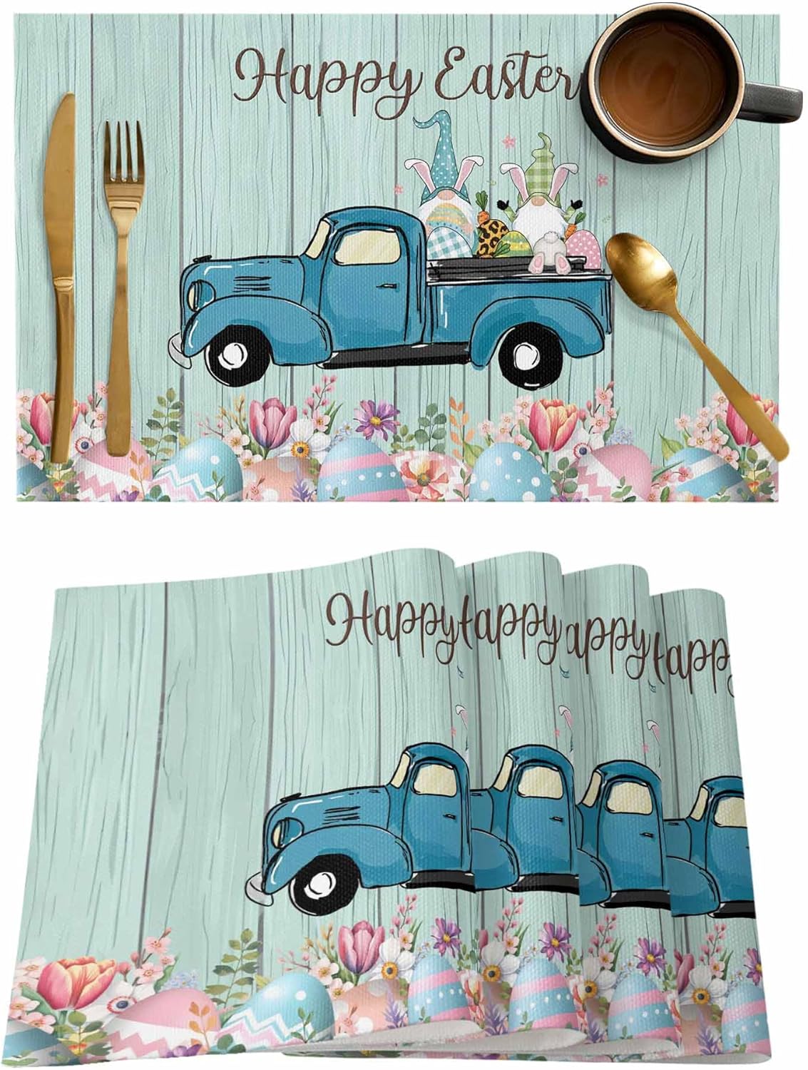 Placemats for Dining Table Set of 4 Happy Easter Wooden Grain Gnomes and Easter Eggs Table Mats for Home Kitchen Restaurant Easter Day Party Decoration,Washable