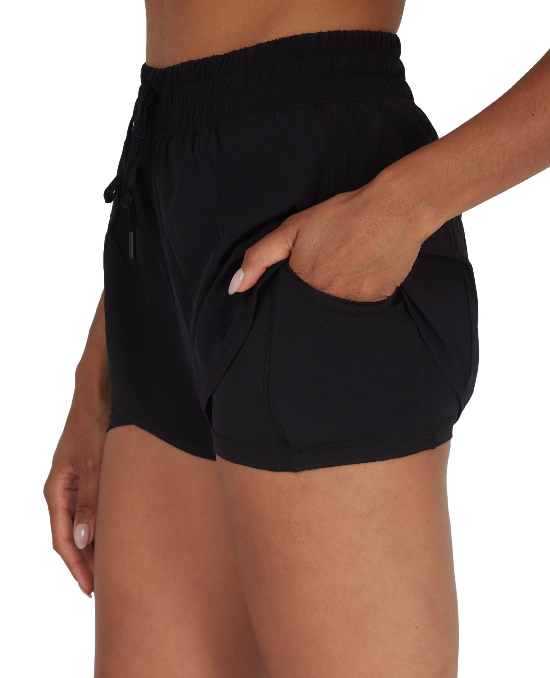 90 Degree By Reflex Lightweight Workout Shorts 2 in 1 Running Yoga Gym Shorts with Inner Biker Short Pockets- Black w/Short - Medium