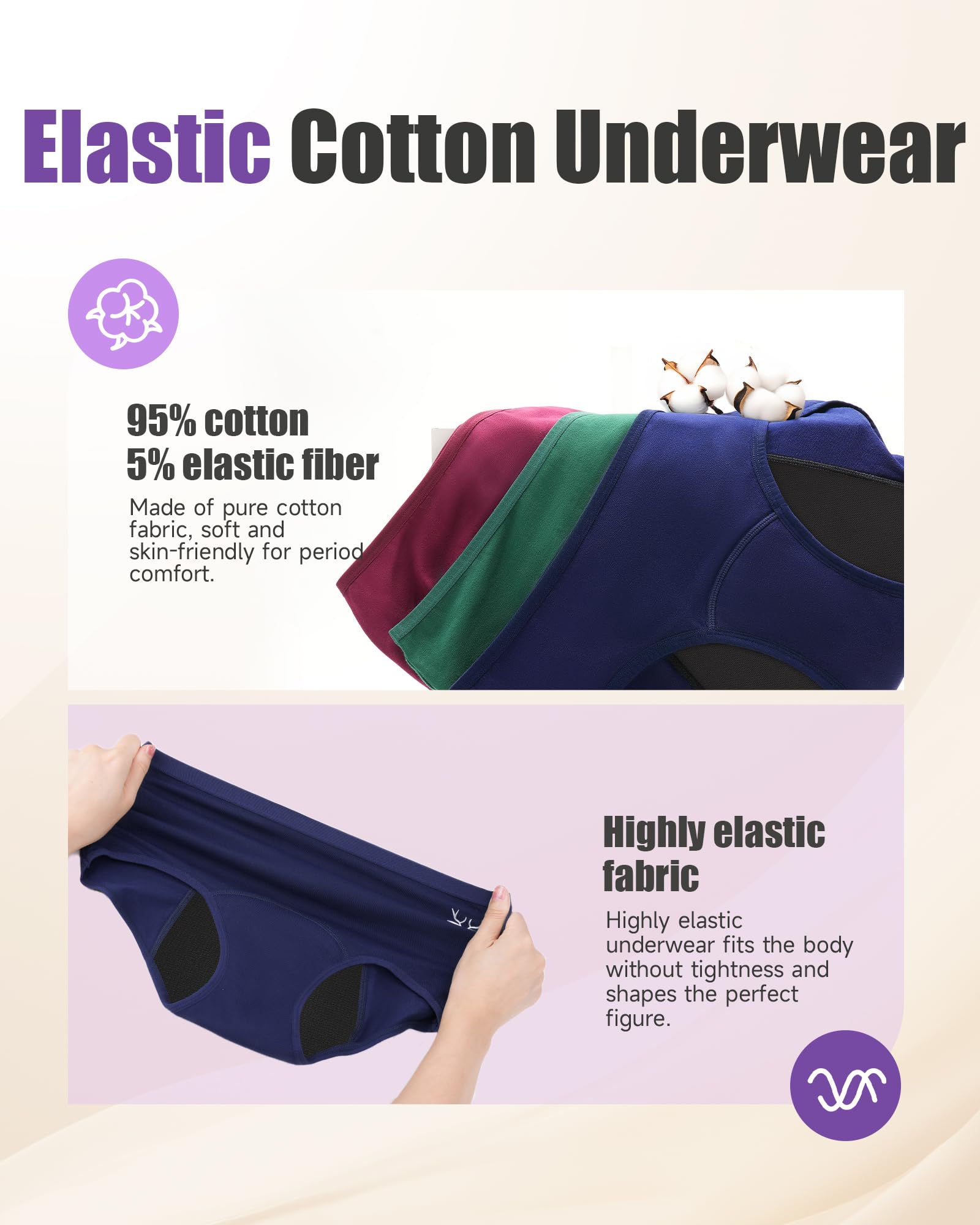 TANSTC Mutande Mestruali Donna Cotone, 4 Strati Mutandine Assorbenti A Prova di Perdite, Assorbenti e Riutilizzabili, 3 Pack