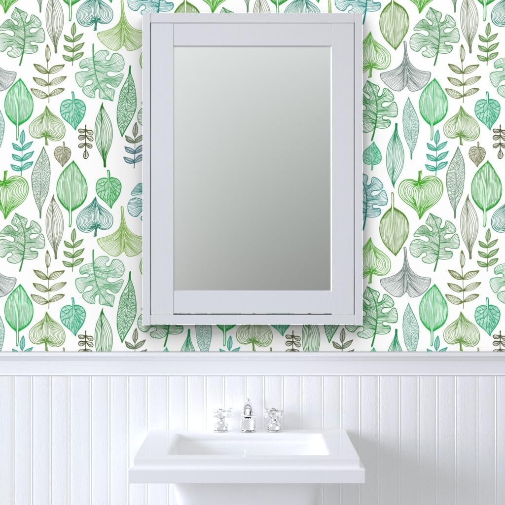 Spoonflower Commercial Grade Wallpaper 27ft x 2ft - Green Leaves Pattern Plants Nature Trees Tropical Greenery Tree Leaf Spring Summer Traditional Wallpaper