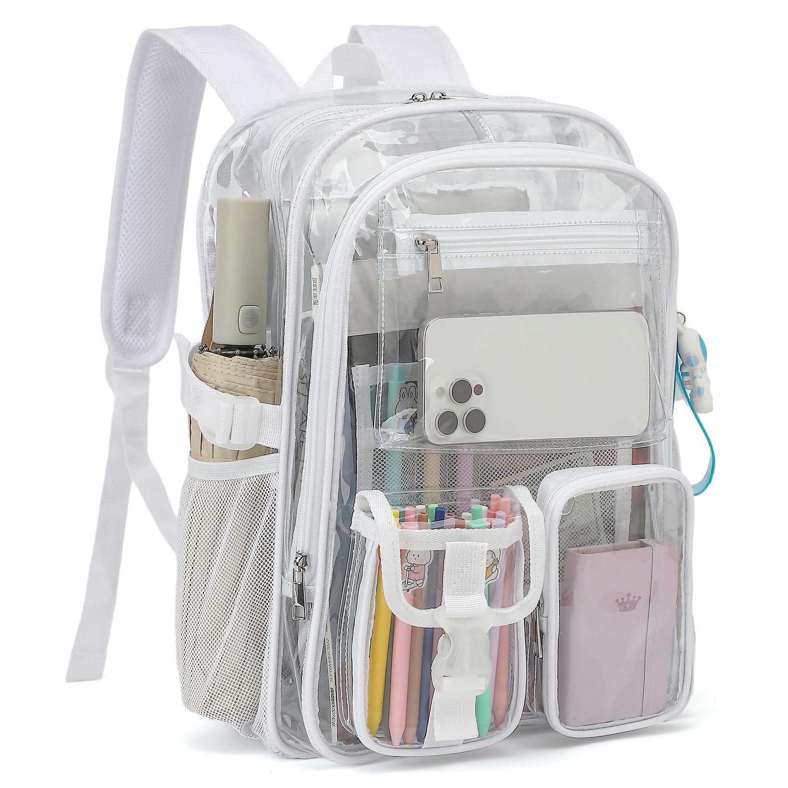 Kouxunt Clear Backpack Heavy Duty Transparent Backpacks Stadium Approved for School Work Sport Travel (White)
