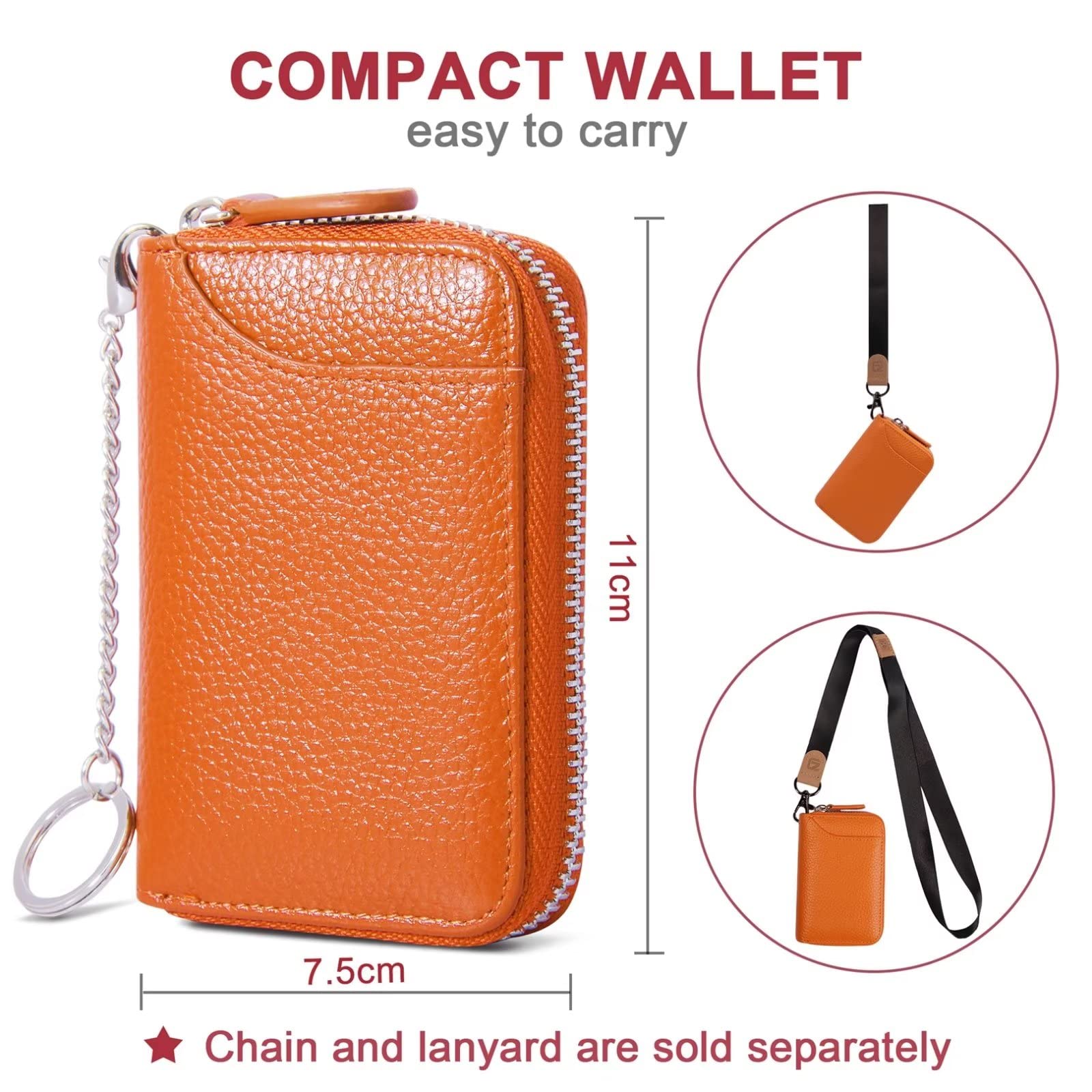 GADIEMKENSD Etui na karty kredytowe, ochrona RFID, skórzany portfel, 14 przegródek, etui na karty z zamkiem błyskawicznym, pomarańczowy, 11 x 7.5 x 2.5 cm, Portfel RFID