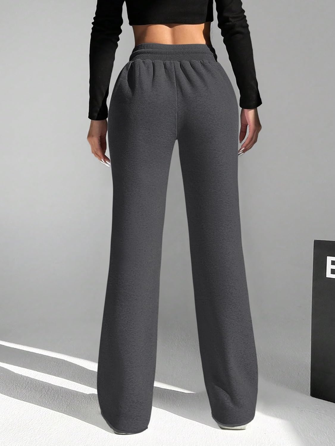 HeSaYep Women's Wide Leg Sweatpants Drawstring Ribbed Waist Baggy Sweat Pants Raw Hem Flared Lounge Pants - Image 2