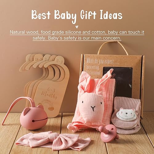 Miniatura 6 de Set de regalo para bebés recién nacidas, cesta de regalo de baby shower con diadema de lazo, calcetines, manta calmante para bebé, toalla para baba,