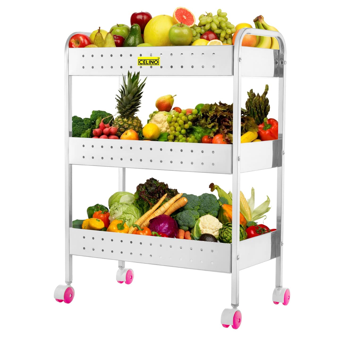 Celino Stainless Steel Fruit and Vegetable 3 Layer(Tier) Kitchen Trolley | Vegetable and Fruit Rack for Storage | Organizer with Wheels | Fruit Stand | Potato, Garlic and Onion Basket (3 Layer)