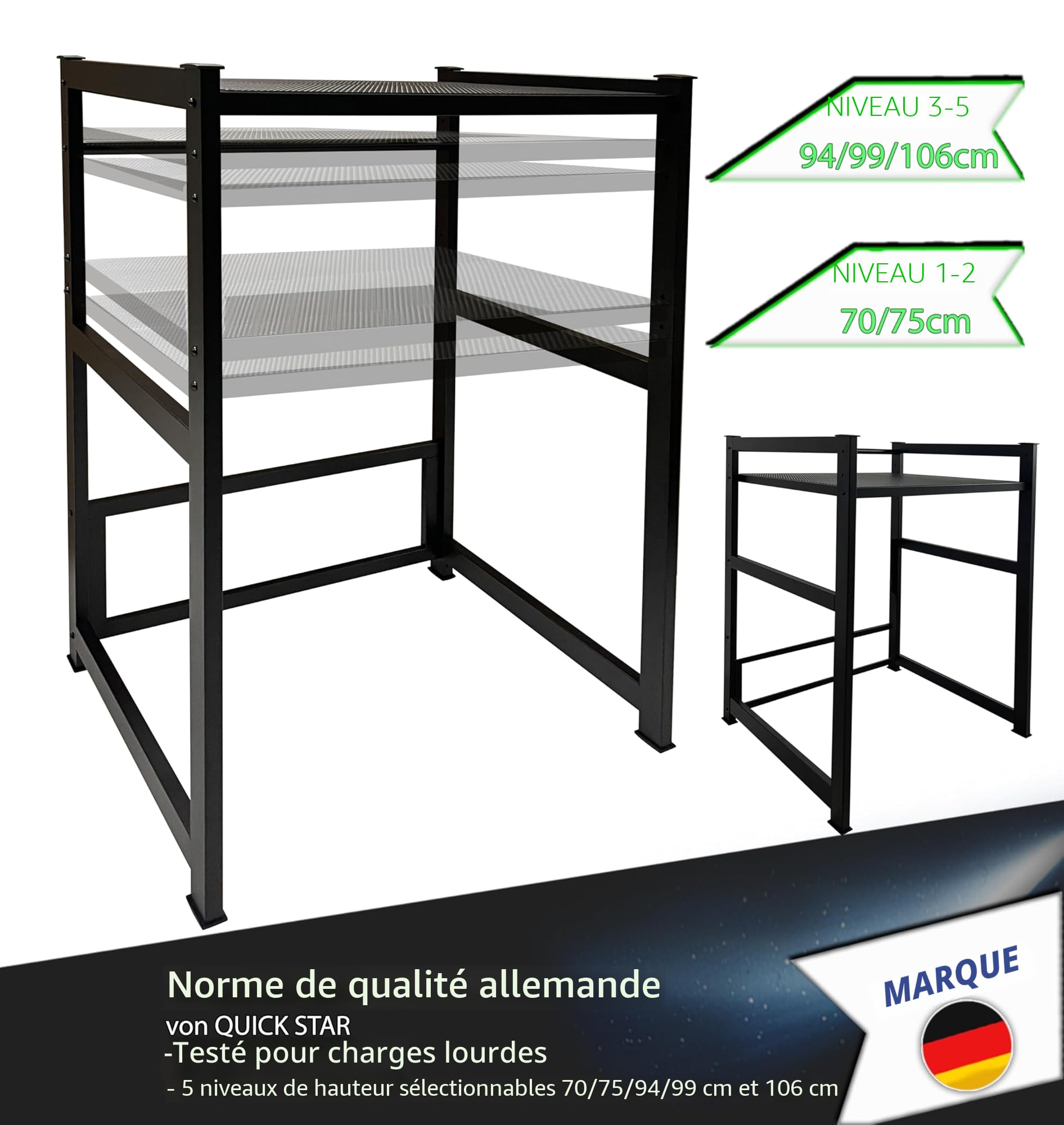 QUICK STAR Étagère pour Machine à Laver 74x65x111cm Noir | Meuble de Rangement pour Lave-Linge et sèche-Linge superposés | Étagère Salle de Bain Armoire Lave-Linge Cave