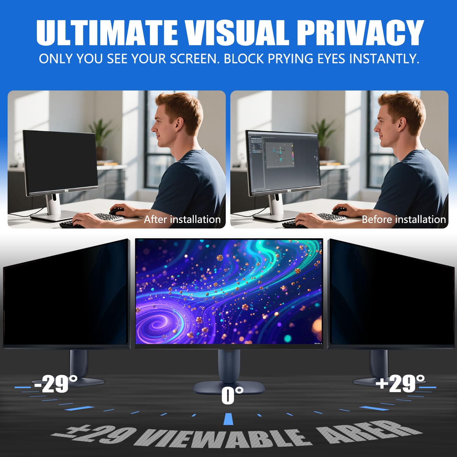[Paquete de 2] Pantalla magnética de privacidad para computadora para monitor de 24 pulgadas, protector de filtro de privacidad de luz azul antirreflejo, fácil instalación, relación de aspecto 3