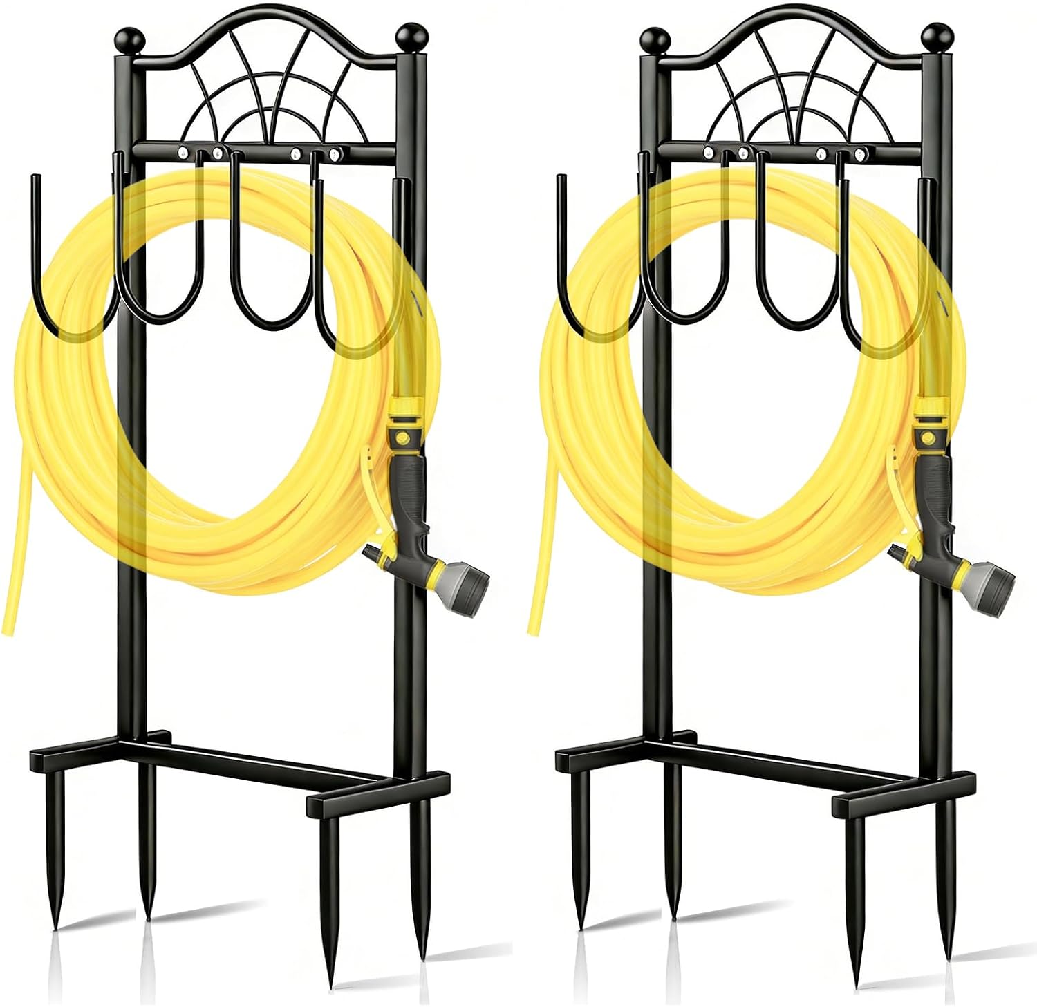 2 Pack Garden Hose Holder,Upgraded Freestanding Hose Holder with 4 Spikes, Heavy Duty Metal Hose Reel,Sturdy Hose Stand Holds up to 100ft Hose for Outside,Yard & Lawn Garden,Black