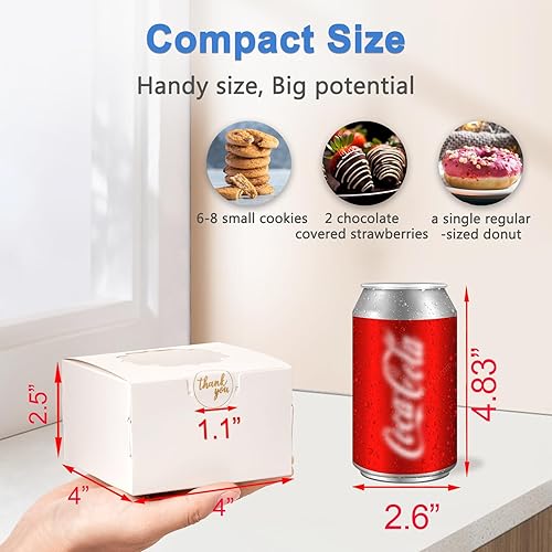 Miniatura 3 de Shallive Cajas pequeñas de galletas de 4 pulgadas, 50 unidades, color blanco, caja de golosinas de panadería con ventana para regalo, recipientes