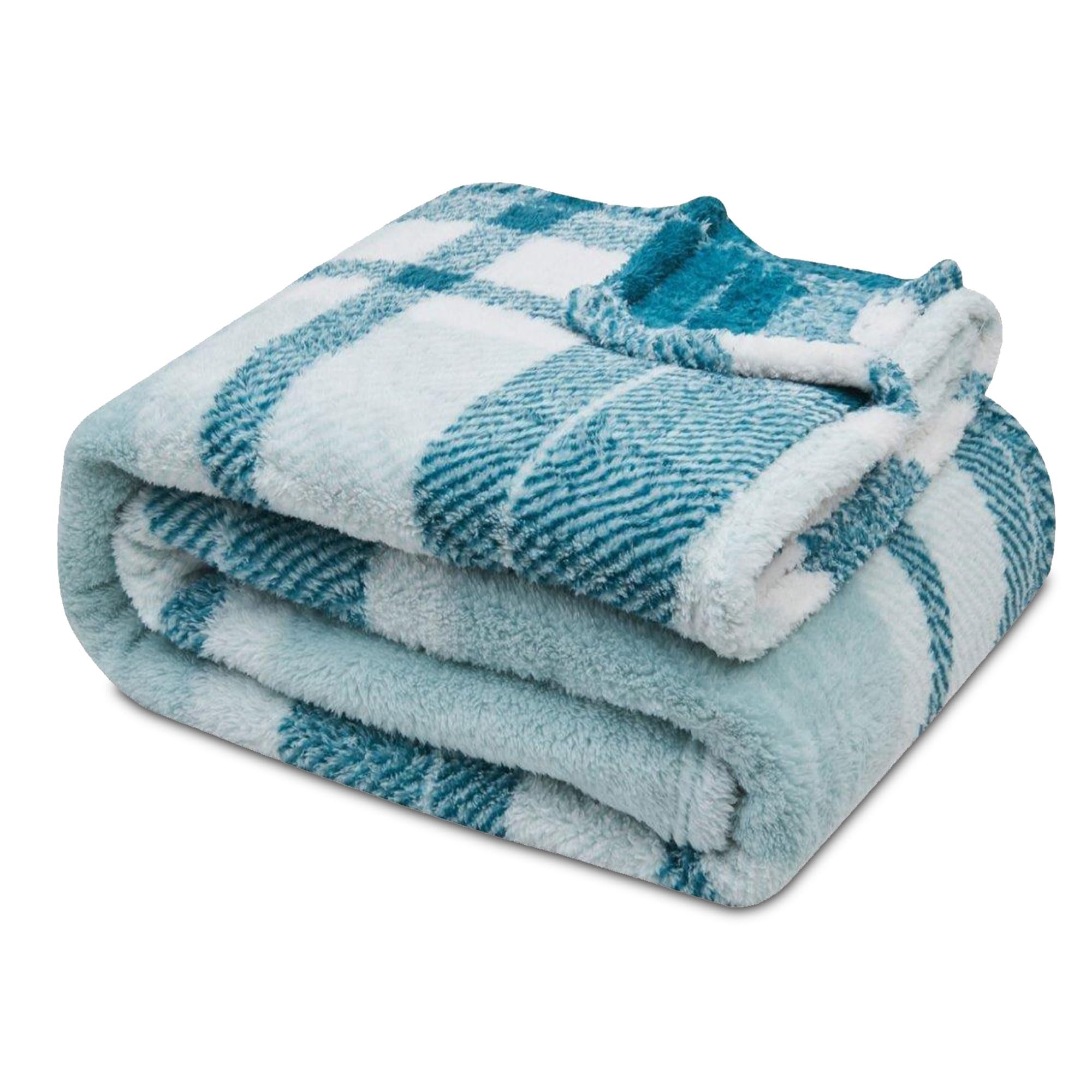 VELVETIO Fluffy Tartan Check Throw 130 x 180cm, Extra Large Teddy Fleece Sofa Settee Bed Blanket, Soft & Cosy Thermal Warm Checkered Travel Throws, Green