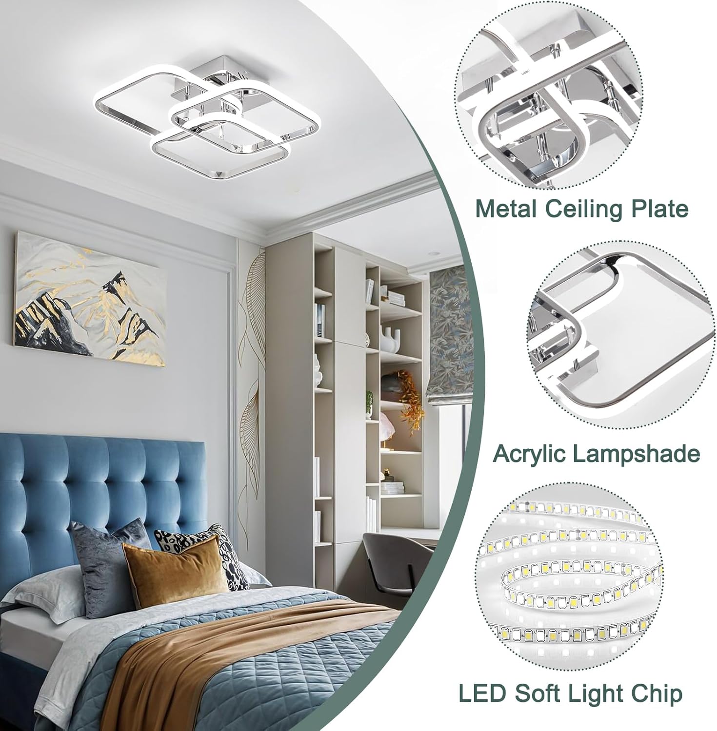 Modern Ceiling Light,Dimmable LED Ceiling Light Fixtures with Remote Control,Square Flush Mount Ceiling Lamp for Living Room Dining Room Bedroom Kitchen (Chrome)