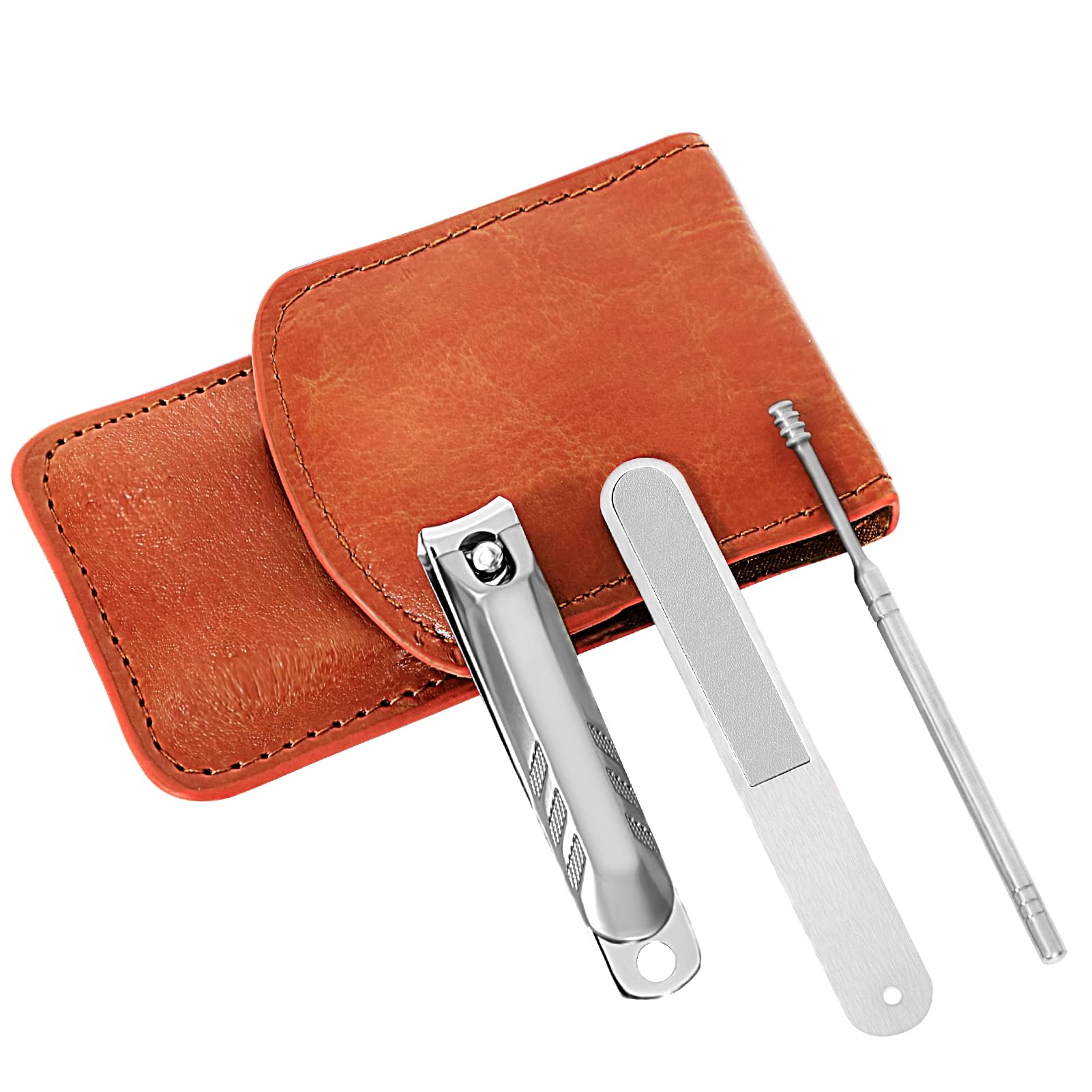 PU  Leather Travel 3 Pcs Stainless Steel Nail Clippers Nail Files Spiral Ear Spoon