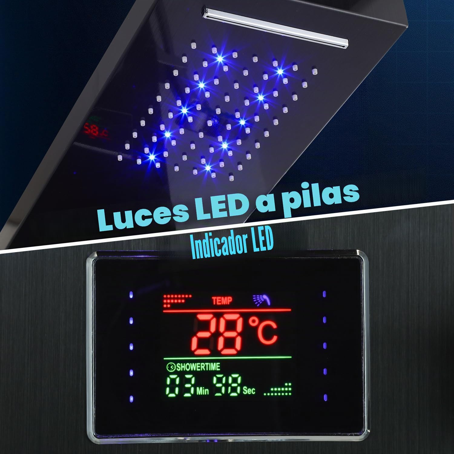 Panel de ducha con grifo, 6 funciones, panel de ducha de acero inoxidable con indicador de temperatura LED, ducha de lluvia y cascada, ducha de mano, chorros de masaje y entrada de bañera