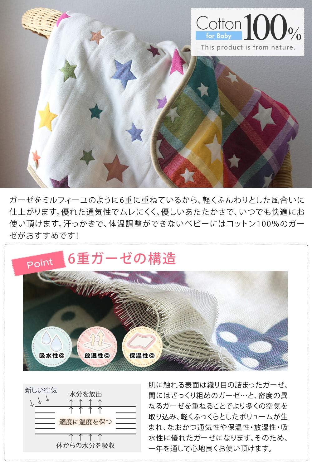 日本製 6重ガーゼ ベビーケット クォーターサイズ スター 赤ちゃん ガーゼケット 出産祝い 【ポップコーン】 ケット