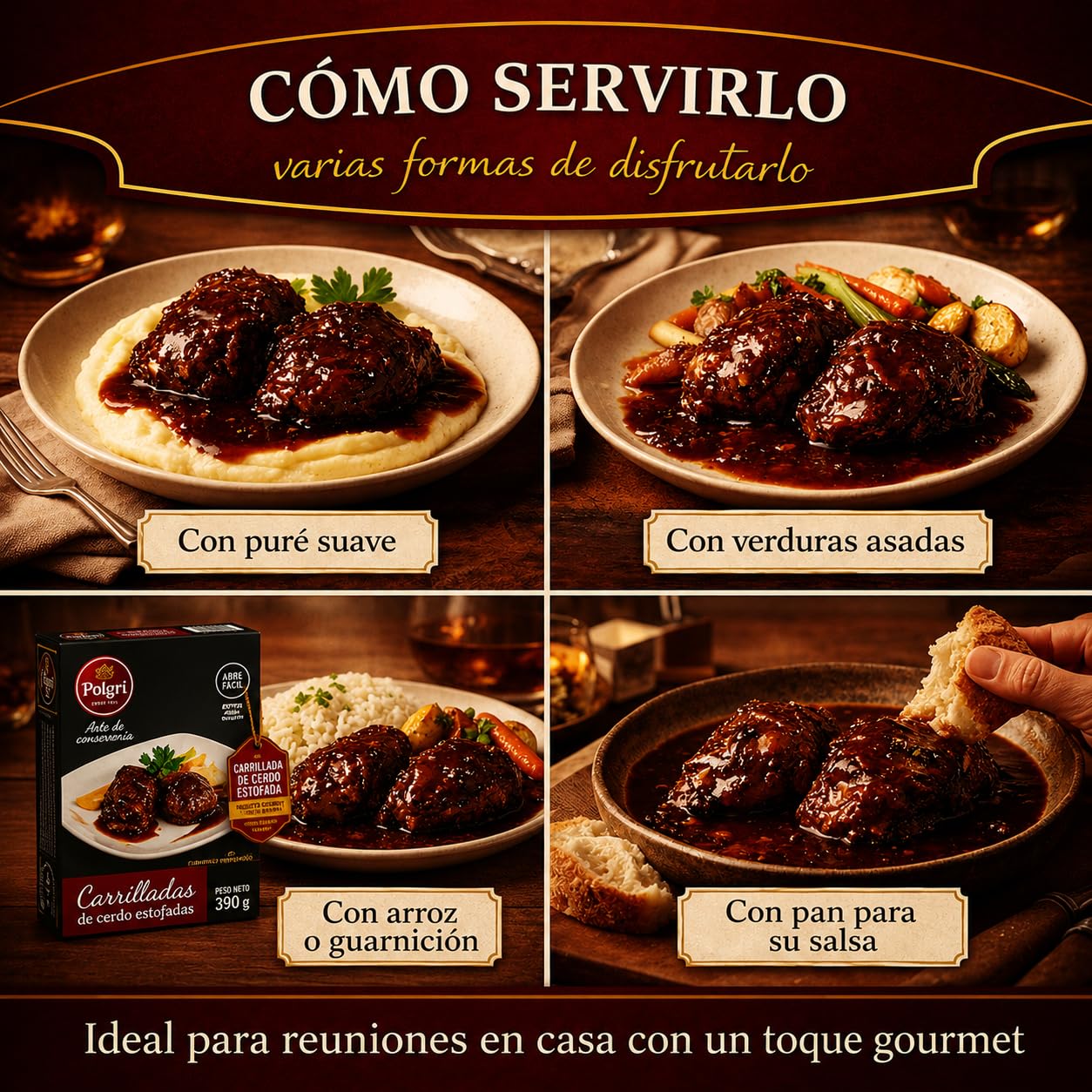 POLGRI Carrilladas de Cerdo Estofadas Conserva Gourmet Lata 390 g x 3 Carne Melosa Lista para Calentar