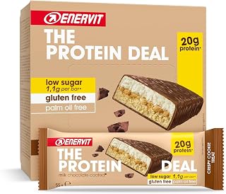 Enervit The Protein Deal Crispy Cookie Treat, Barritas Proteicas, Sabor Galleta y Chocolate con Leche, 20g de Proteínas, 1,1g de Azúcares, Snack Delicioso y Saludable, Sin Gluten, 12 Barritas de 55g