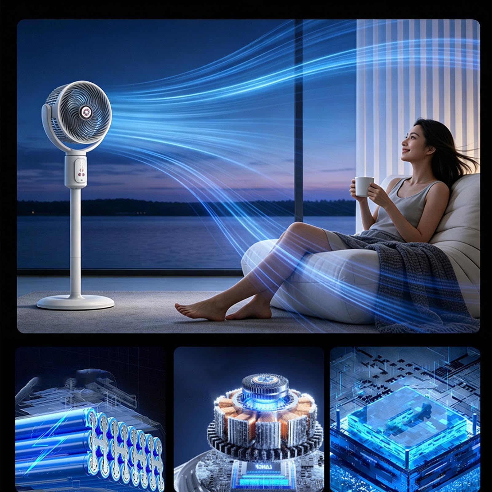 Ventilador de pie Ventilador vertical de 5 velocidades con temporizador | Circulador de aire de pie oscilante, ajustable en altura, recargable por Para Hogar, Oficina, Cocina, Salón Y Playa