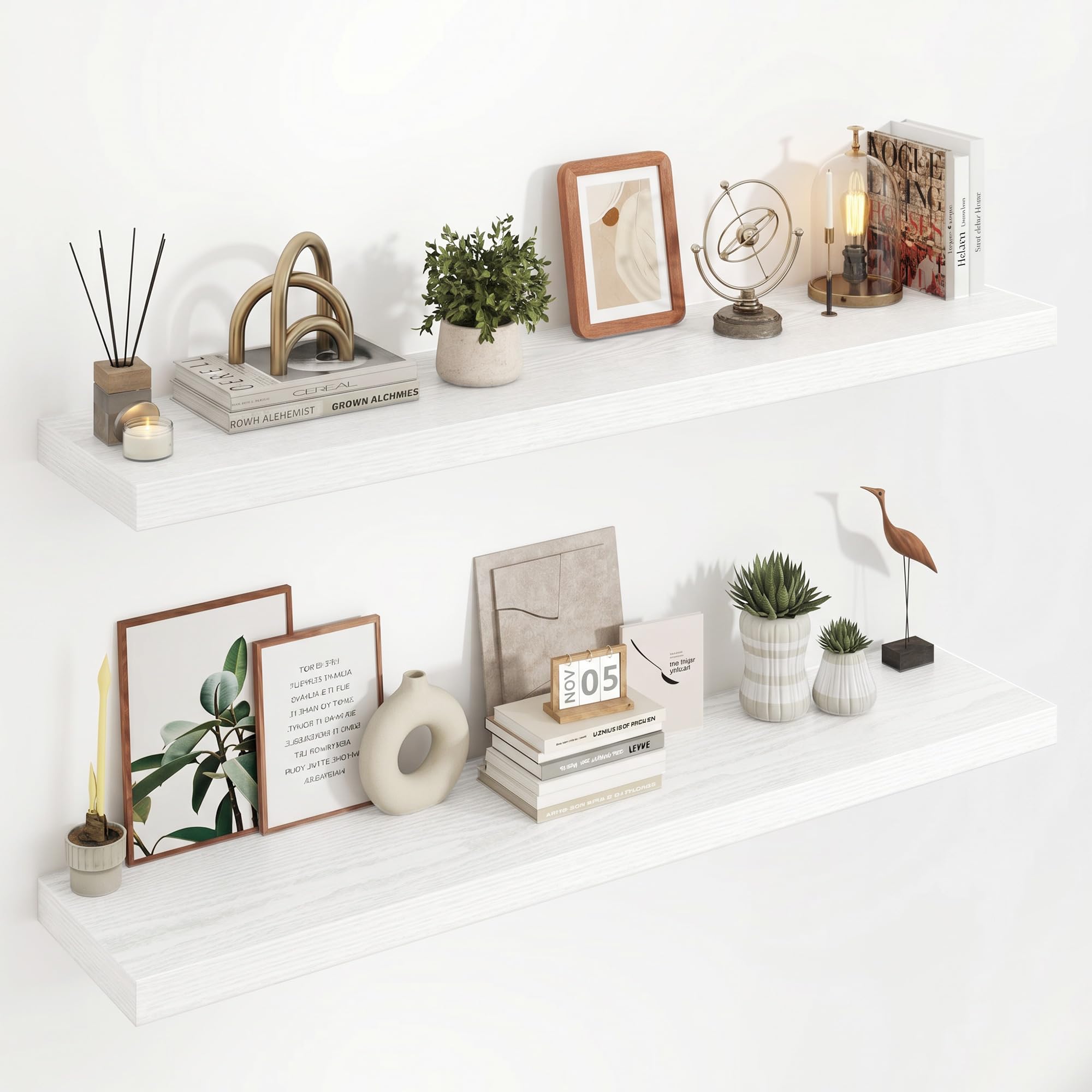 Acovy Floating Shelves for Wall, 23.5cm Extra Deep 120cm Long Wooden Wall Mounted Shelf, Wall Shelves for Living Room Bathroom Bedroom Kitchen, White, Set of 2
