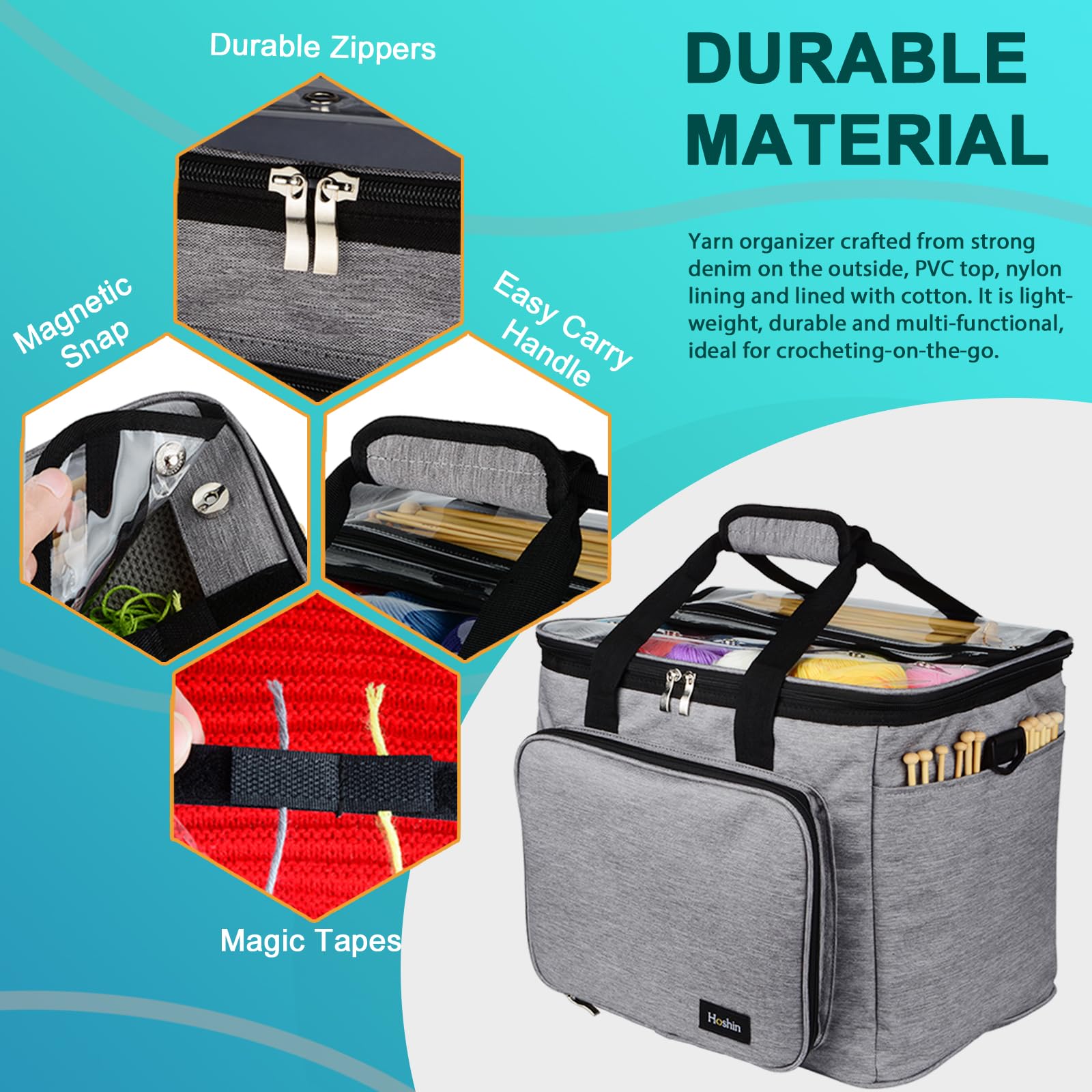 Hoshin Knitting Bag for Yarn Storage, Portable Crochet Tote Bag Yarn Organizer for Crochet Patterns and Hooks, Needles, Skeins of Yarn-Enjoy Knitting/Crocheting Anywhere(Gray)