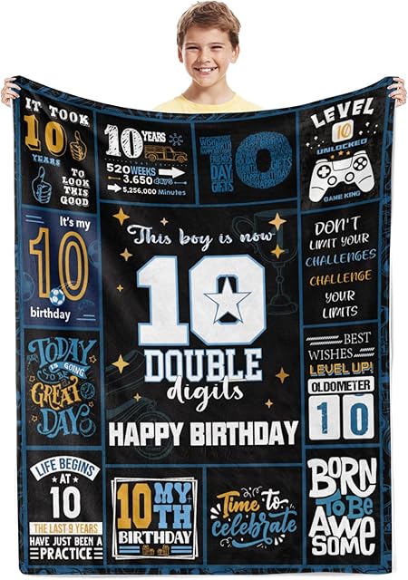 10th Birthday Gifts for Boys,Black 10th Birthday Decorations for Boys Blanket,10th Birthday Gift Ideas for 10 Year Old Boys,10th Birthday Decorations Throw Blanket for Teen Son Grandson Nephew 50"x60"